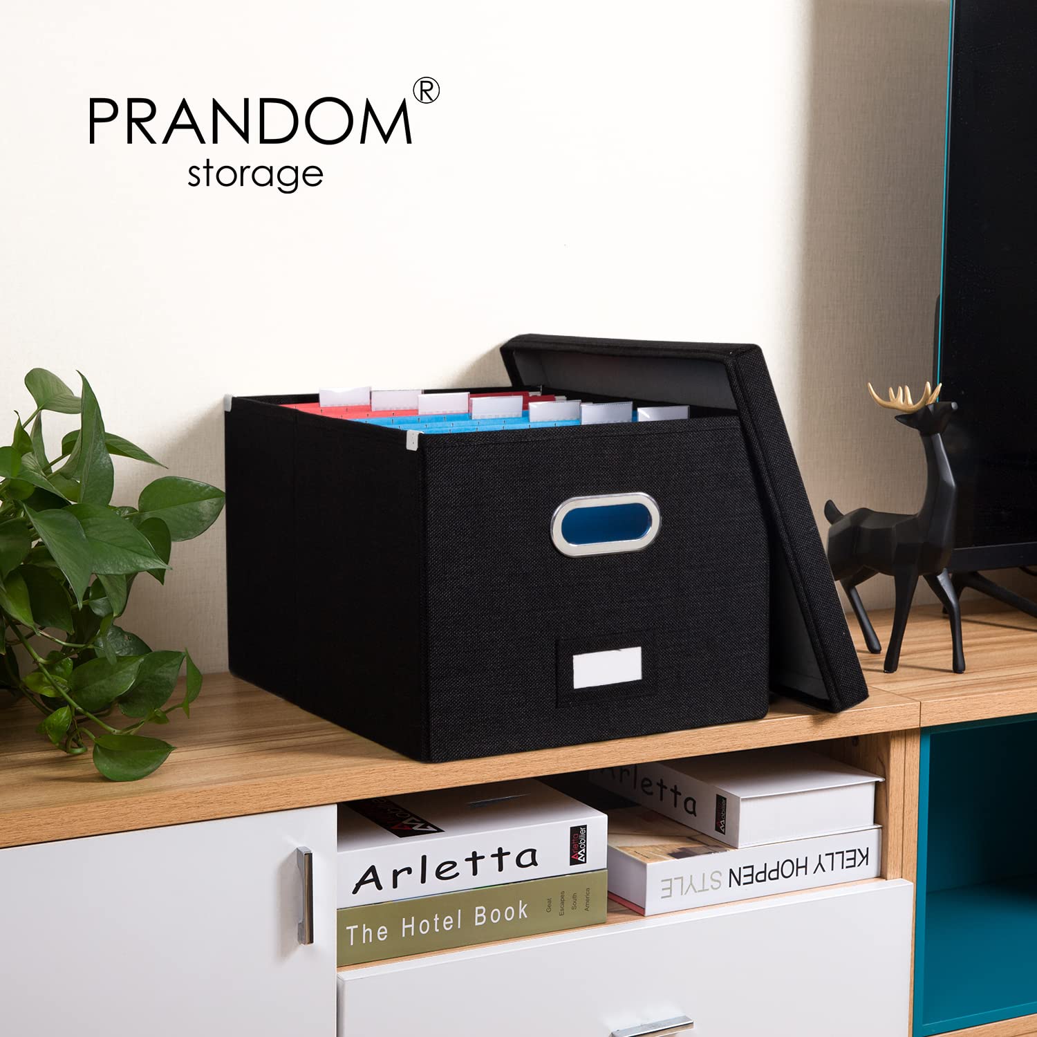 PRANDOM File Organizer Box Set of 2 - Collapsible Linen Storage Bins with Lids for Office Cabinet, Letter/Legal Size (17x14x11.2 Inch) - Black Decorative Hanging File Folders for Home & Office Organization