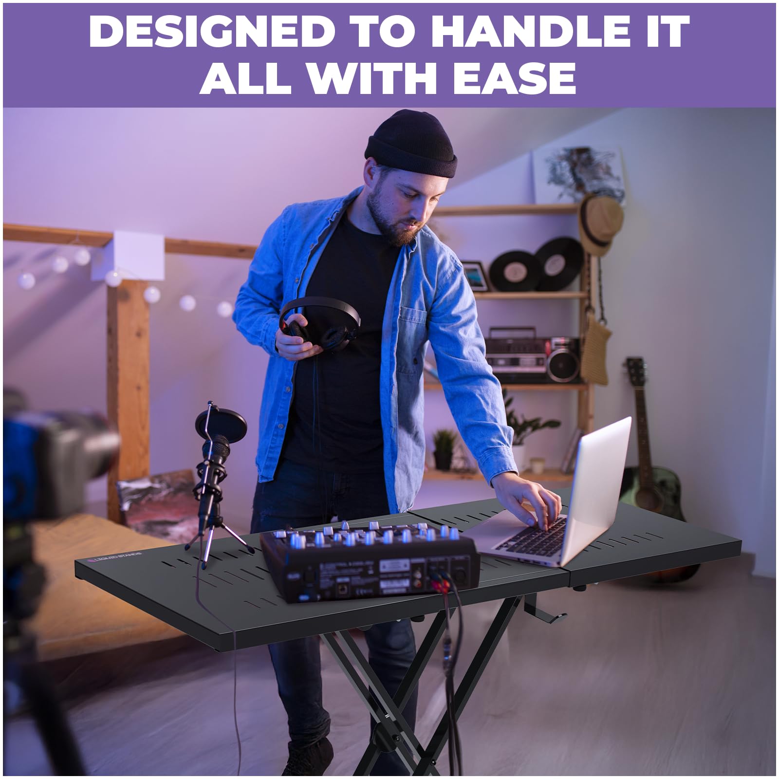Expandable DJ Table Stand - Portable Audio Mixer & Laptop Stand for DJ Controllers, MIDI Keyboards & Synthesizers | X-Style DJ Booth & Tabletop Desk for Live Performances & Studio Sessions