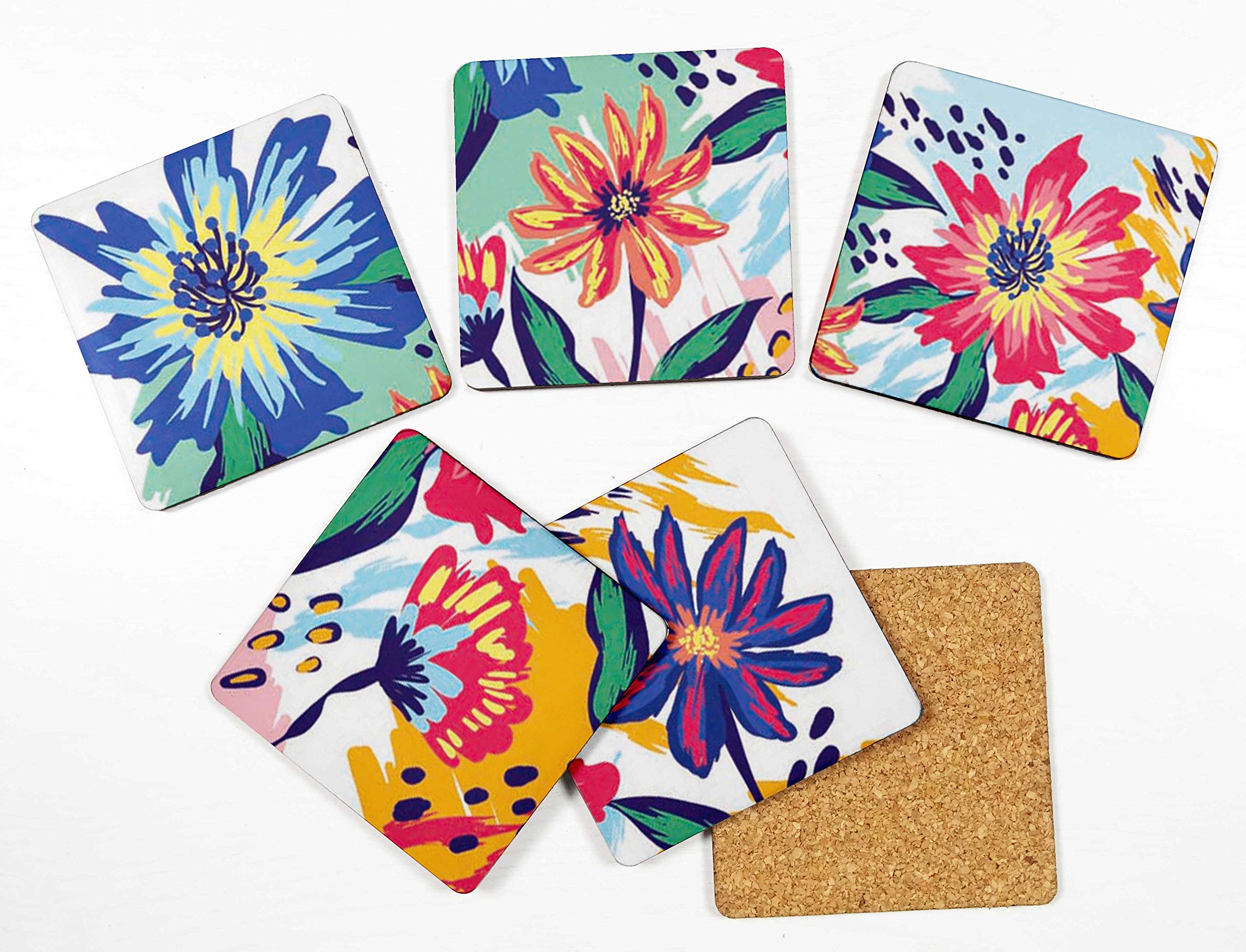 Set of 6 Floral Printed 4-inch Square Drink Coasters - Non-Slip Cork Base, Easy to Clean - Perfect for Dining Table, Coffee Table, and Home Decor