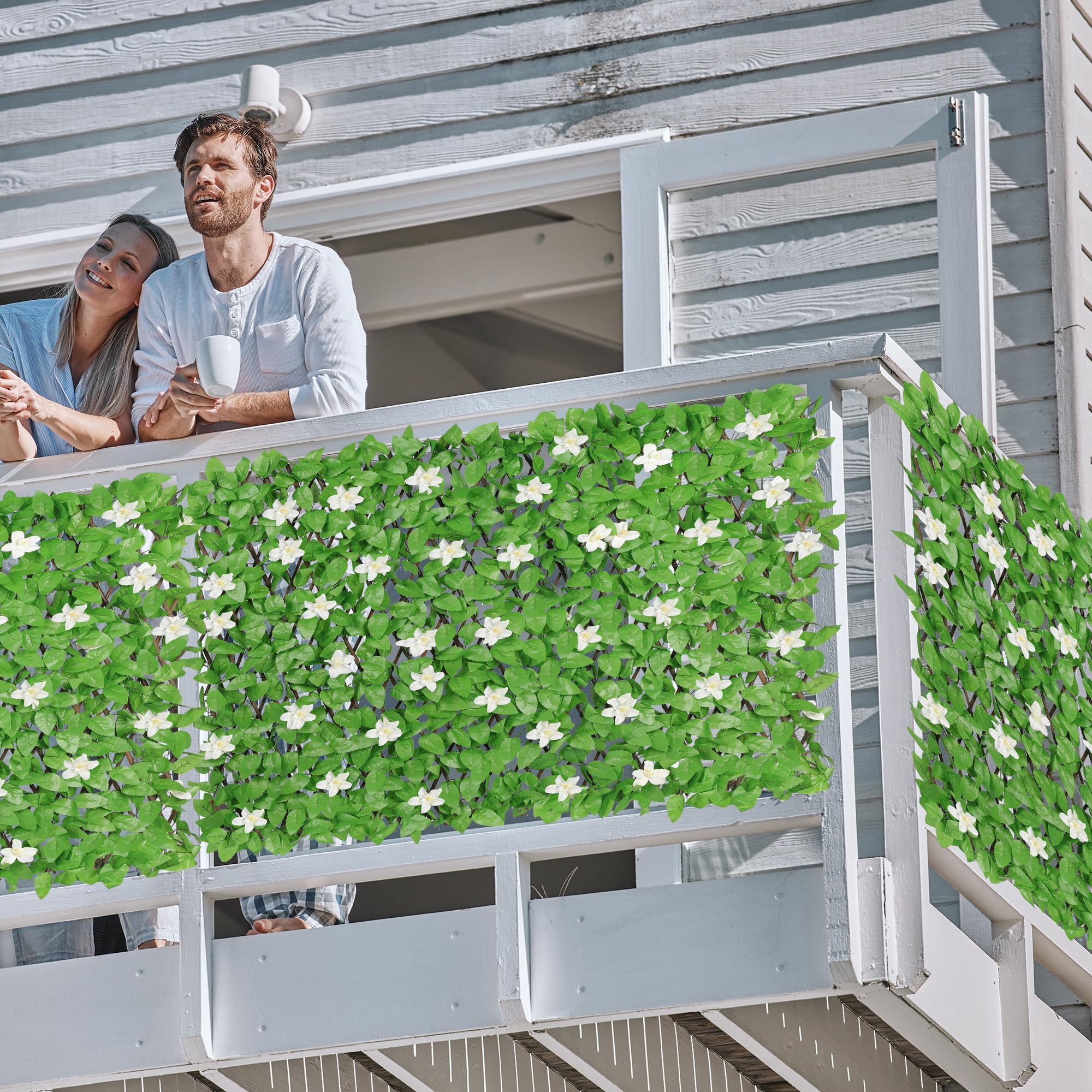 4 Pack Expandable Fence Privacy Screen - Decorative Artificial Ivy Greenery Fencing Panel for Balcony, Patio & Outdoor Spaces - UV Resistant Faux Hedges with White Flowers (Single Sided Leaves) - Perfect for Backyard Privacy, Deck Screening & Garden Decor