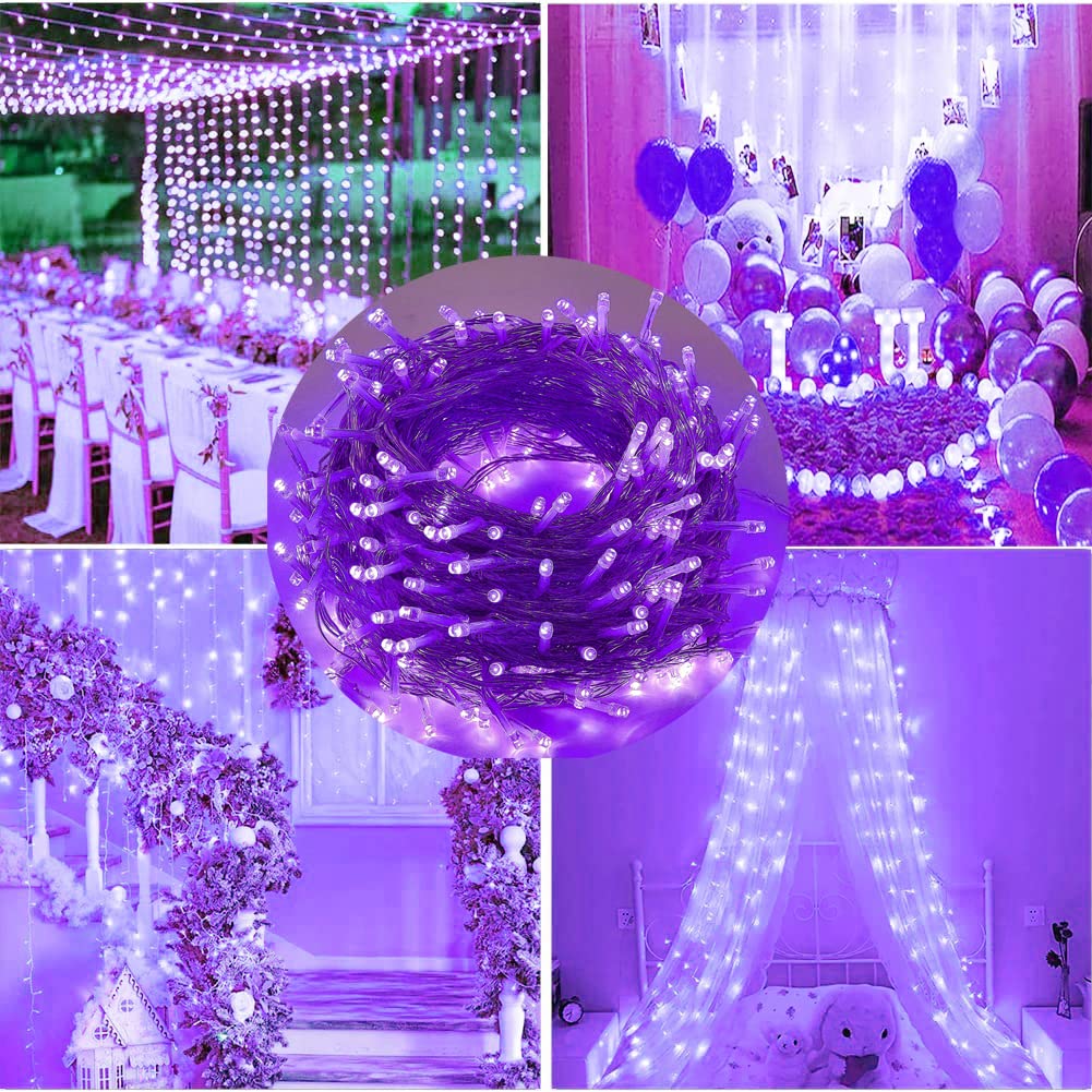 FULLBELL 100 LED Purple Christmas Lights - 33ft Connectable Indoor/Outdoor String Lights with 8 Lighting Modes, Clear Wire for Christmas Tree, Garden, Bedroom, Party & Holiday Decorations