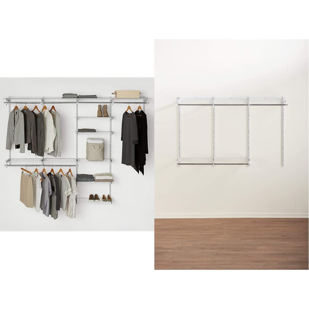Rubbermaid White Expandable Closet Organizer Kit with Adjustable Shelves & Telescoping Rods - Perfect for Bedroom, Closet & Home Storage Organization