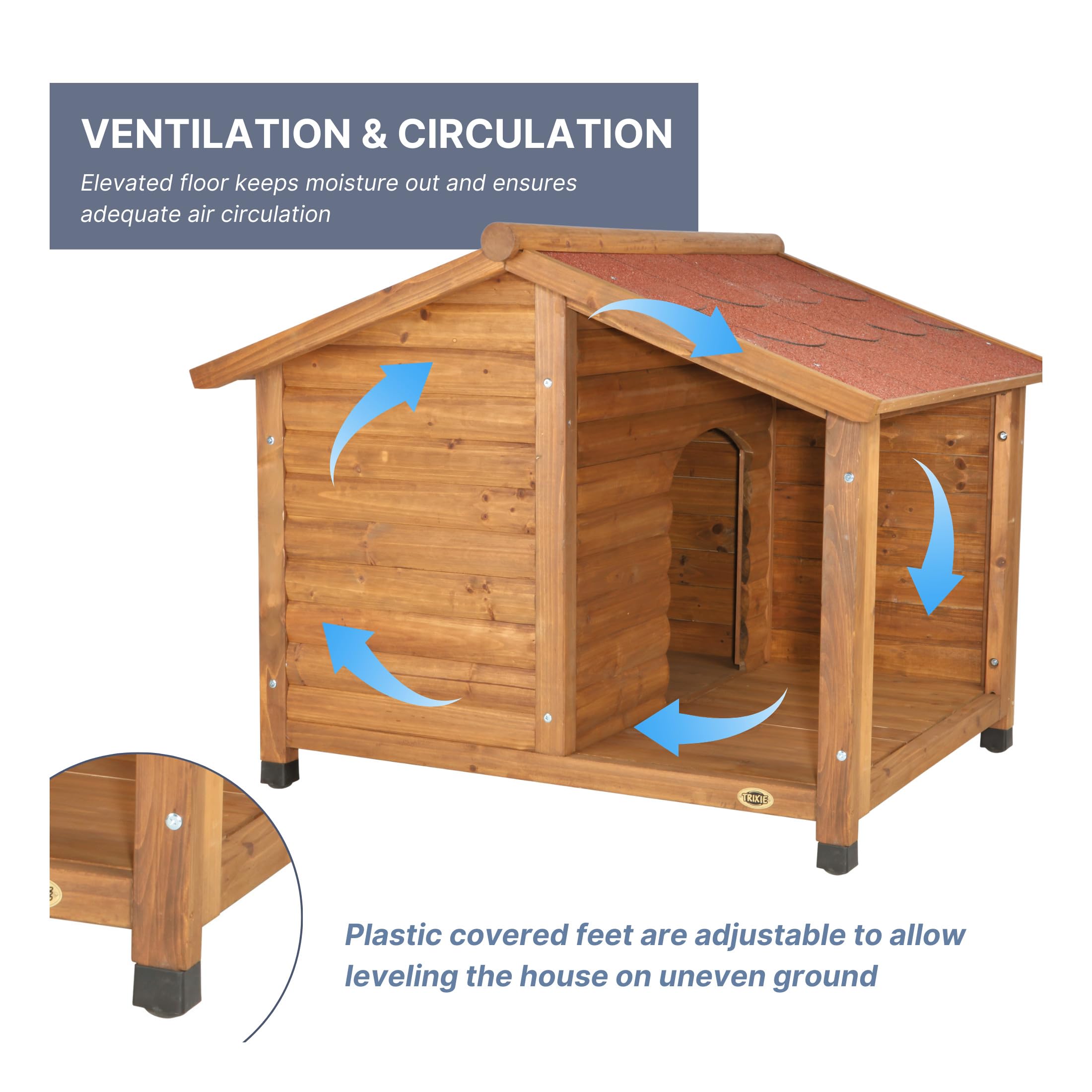 **TRIXIE Natura Lodge Outdoor Wooden Dog House for Large Dogs - Weatherproof, Hinged Roof & Adjustable Legs - 39.37 x 51.18 x 41.34 in - Perfect for Backyard, Patio & Garden Use**