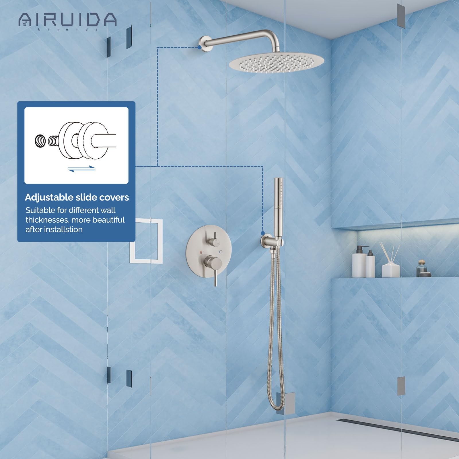 Airuida 2-Function Wall Mounted Shower Faucet Set - High Pressure Brass Handheld Shower with Rough-in Valve & 10 Inch Rainfall Shower Head in Brushed Nickel for Bathroom | Perfect for Spa-Like Experience and Water-Saving Showers