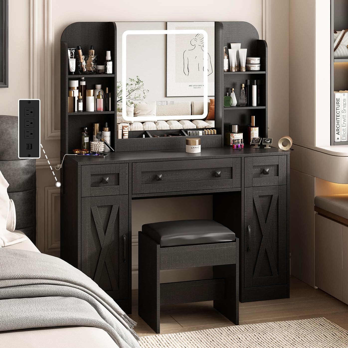 Black Vanity Desk with LED Lights & Stool - Makeup Dressing Table with Large Storage Drawers, Shelves & Time/Temp Display - 3 Adjustable Lighting Modes for Bedroom, Bathroom & Dorm Room Makeup Station