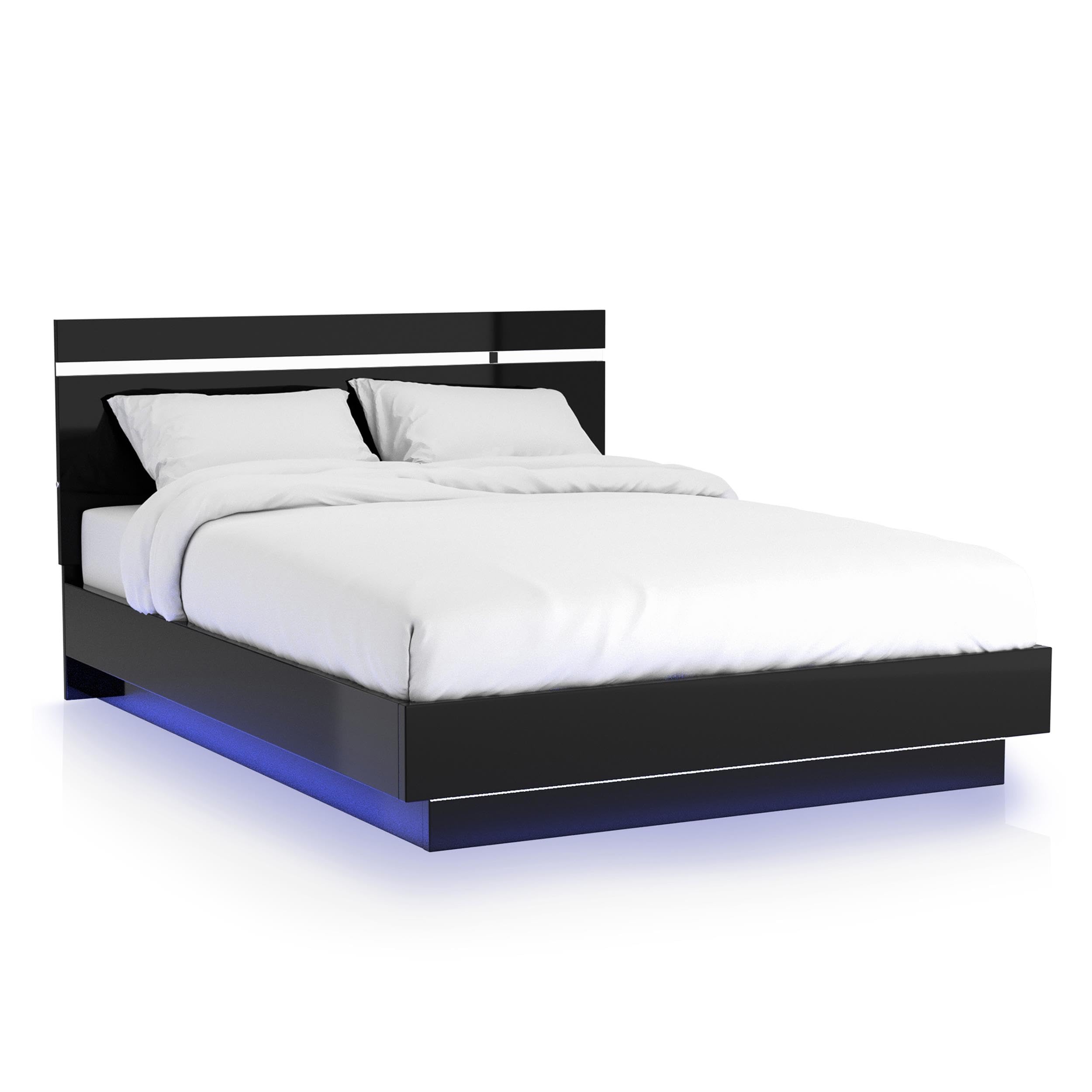Furniture of America Malva Solid Wood Queen Bed with LED Lights - Modern Black Wooden Bed Frame for Bedroom, Home Decor & Nighttime Ambience