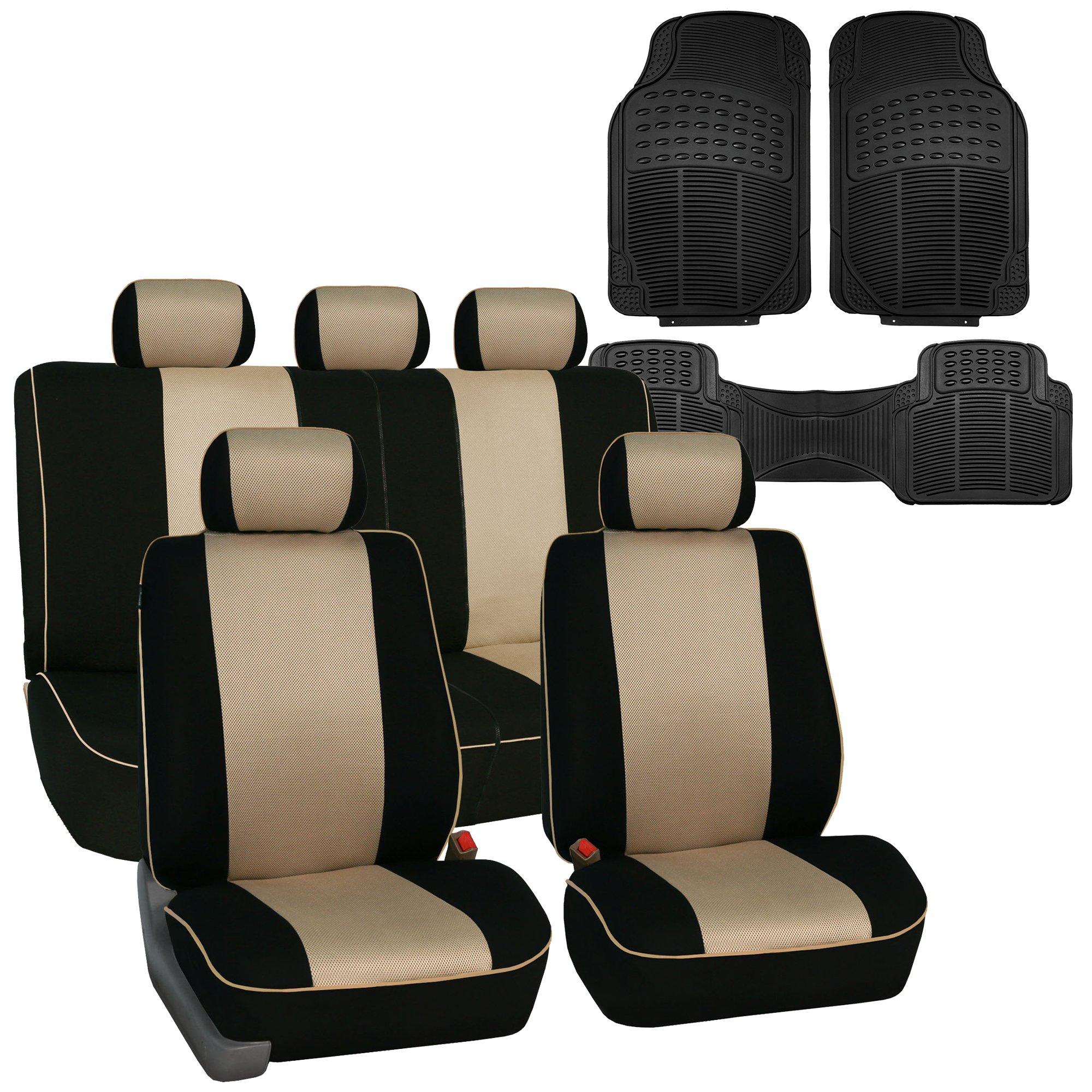 FH Group Universal Fit Automotive Seat Covers with Edgy Piping - Full Beige Vinyl Set + Floor Mats Combo | Airbag Compatible for Cars & Vans | Perfect for Road Trips, Daily Commuting & Vehicle Protection
