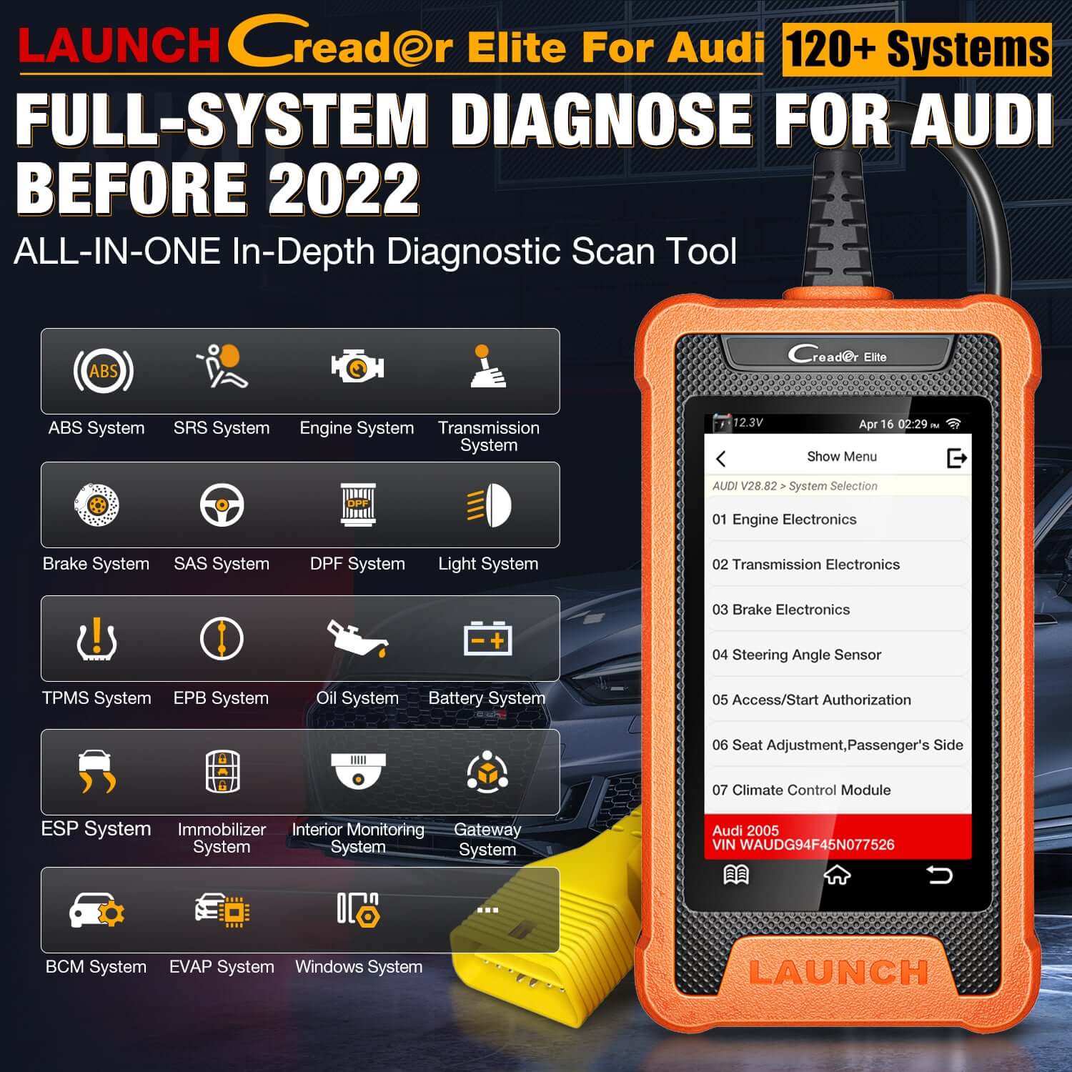 LAUNCH X431 Creader Elite OBD2 Scanner - Full System Bi-Directional Diagnostic Tool for VW, Audi, Bentley, Skoda, Bugatti, Lamborghini & Seat - Read & Clear Fault Codes, Reset Service Light - Perfect for Mechanics & DIY Car Maintenance