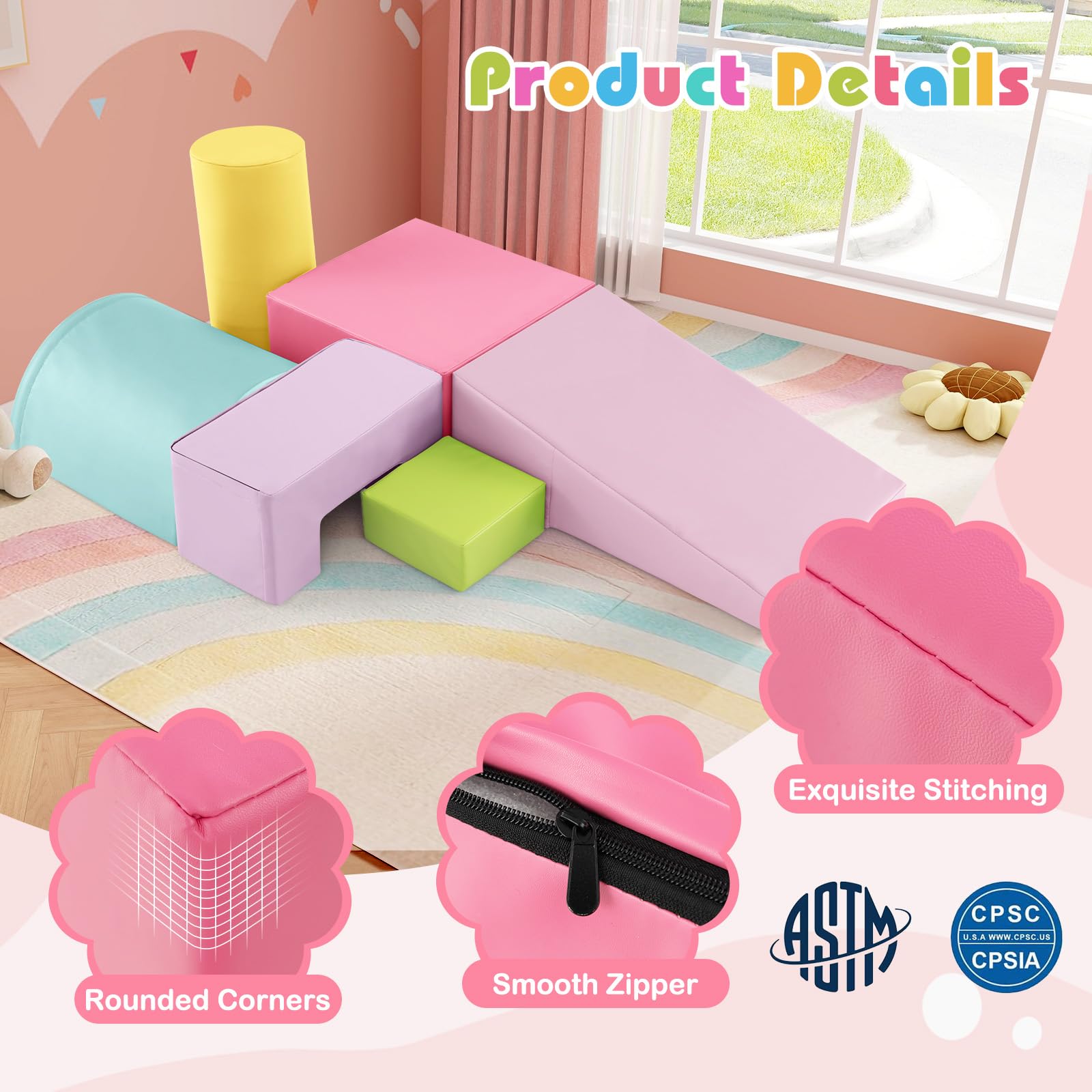 KOTEK 6-Piece Soft Foam Climbing and Crawling Play Set for Toddlers - Safe Indoor Playground Blocks for Climbing, Sliding & Active Play - Perfect for Home, Daycare & Preschool (Pink)