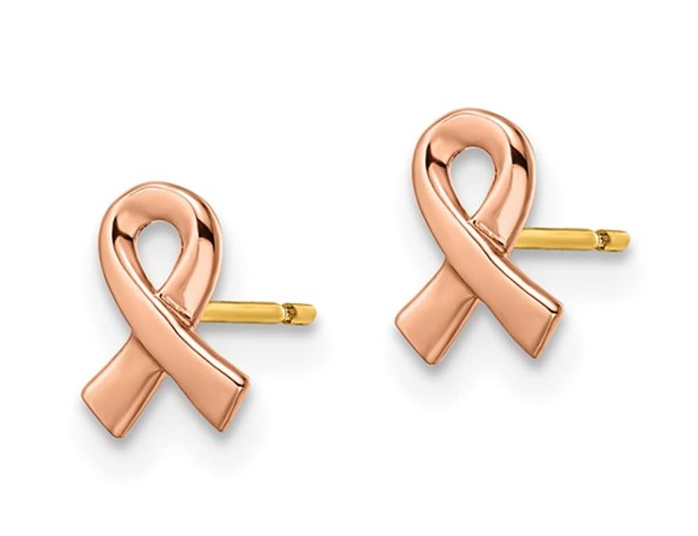 14K Rose Gold Pink Ribbon Awareness Post Earrings for Women - Breast Cancer Support Jewelry Gift for Survivors, Fundraisers & Loved Ones | Everyday Wear, Special Occasions & Charity Events