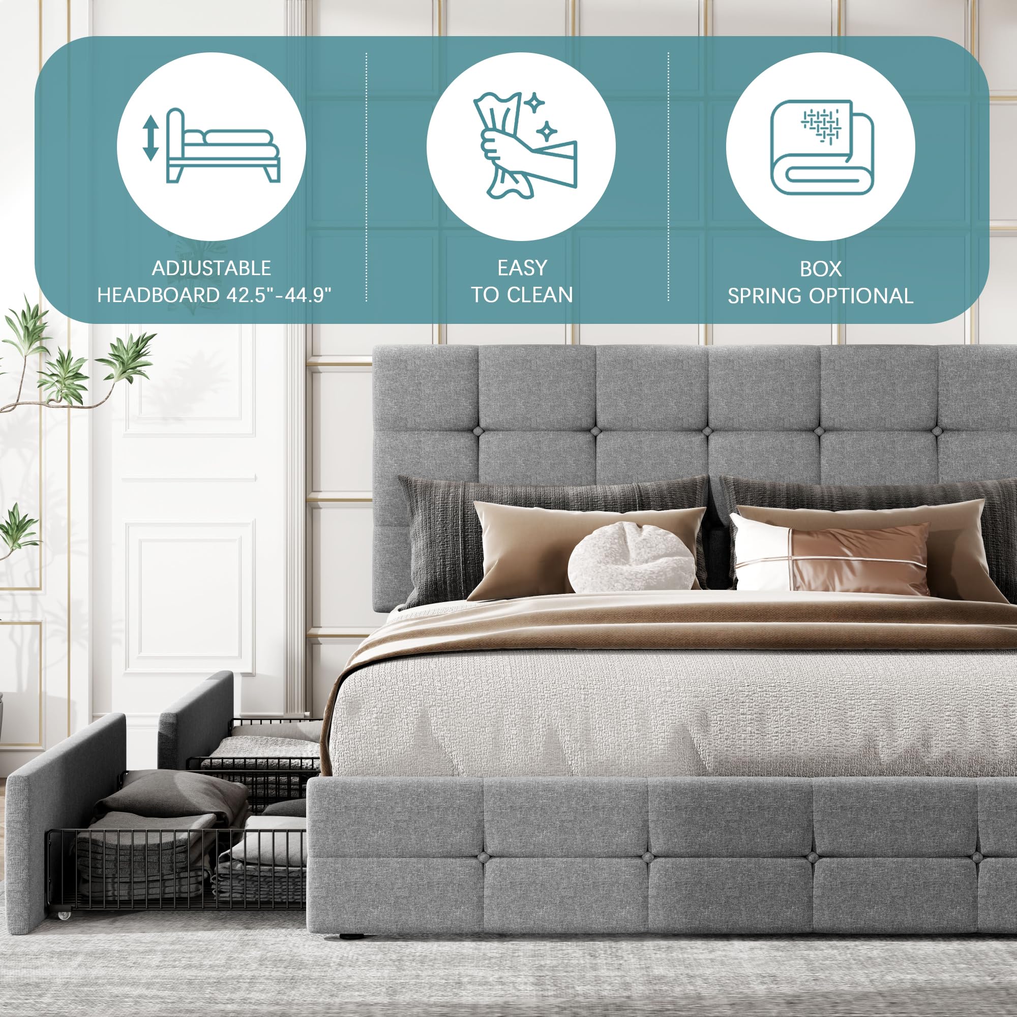 HOOMIC Queen Size Storage Bed Frame with 4 Drawers - Adjustable Tufted Headboard, Wooden Slats Support, No Box Spring Needed | Noise Free, Easy Assembly | Light Grey Modern Platform Bed for Small Space Bedroom, Guest Room & Apartment