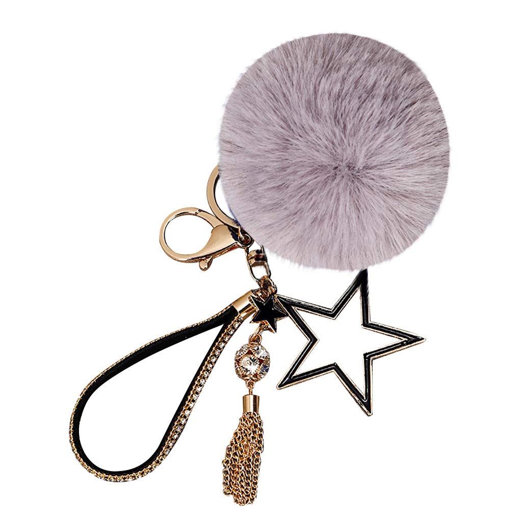 Stylish Hairball Pendant Keychain for Women & Kids - 5-Point Star Bag Charm, Purse Accessory Holder (Gray) | Perfect for Key Organization, Backpack Decor & Gift Giving