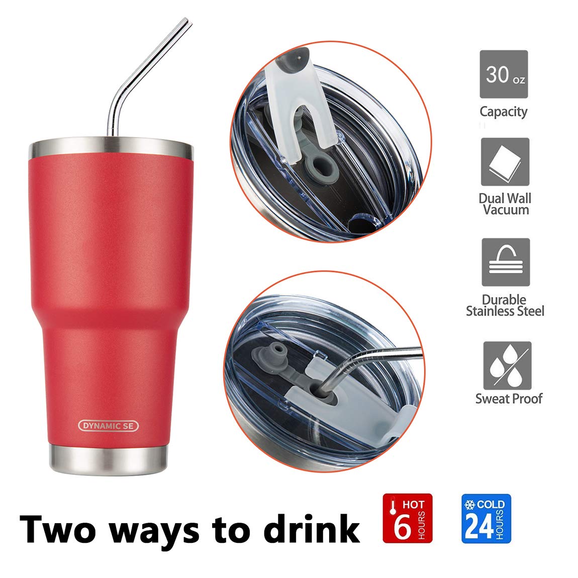 30oz Red Stainless Steel Tumbler - Vacuum Insulated Mug with Straw & Lid for Hot/Cold Drinks - Travel & Office Use
