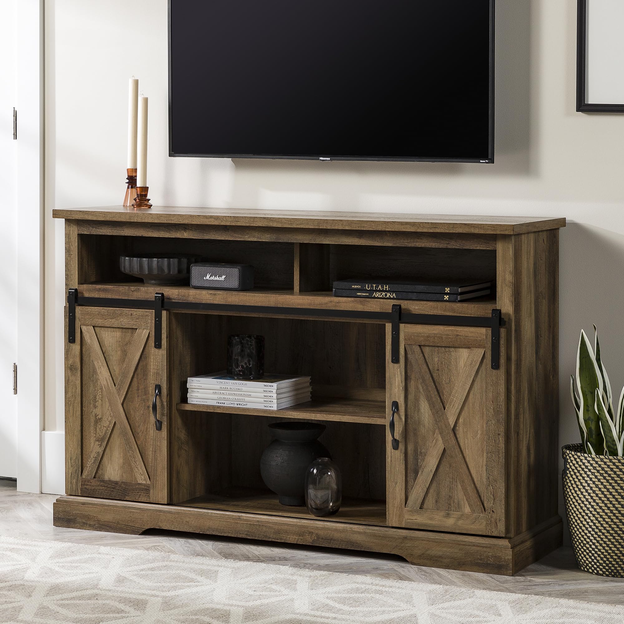 Walker Edison Clayton Farmhouse TV Stand with Sliding Double Barn Doors - Rustic Oak Finish for TVs up to 58 Inches - Perfect for Living Rooms, Bedrooms & Home Theaters