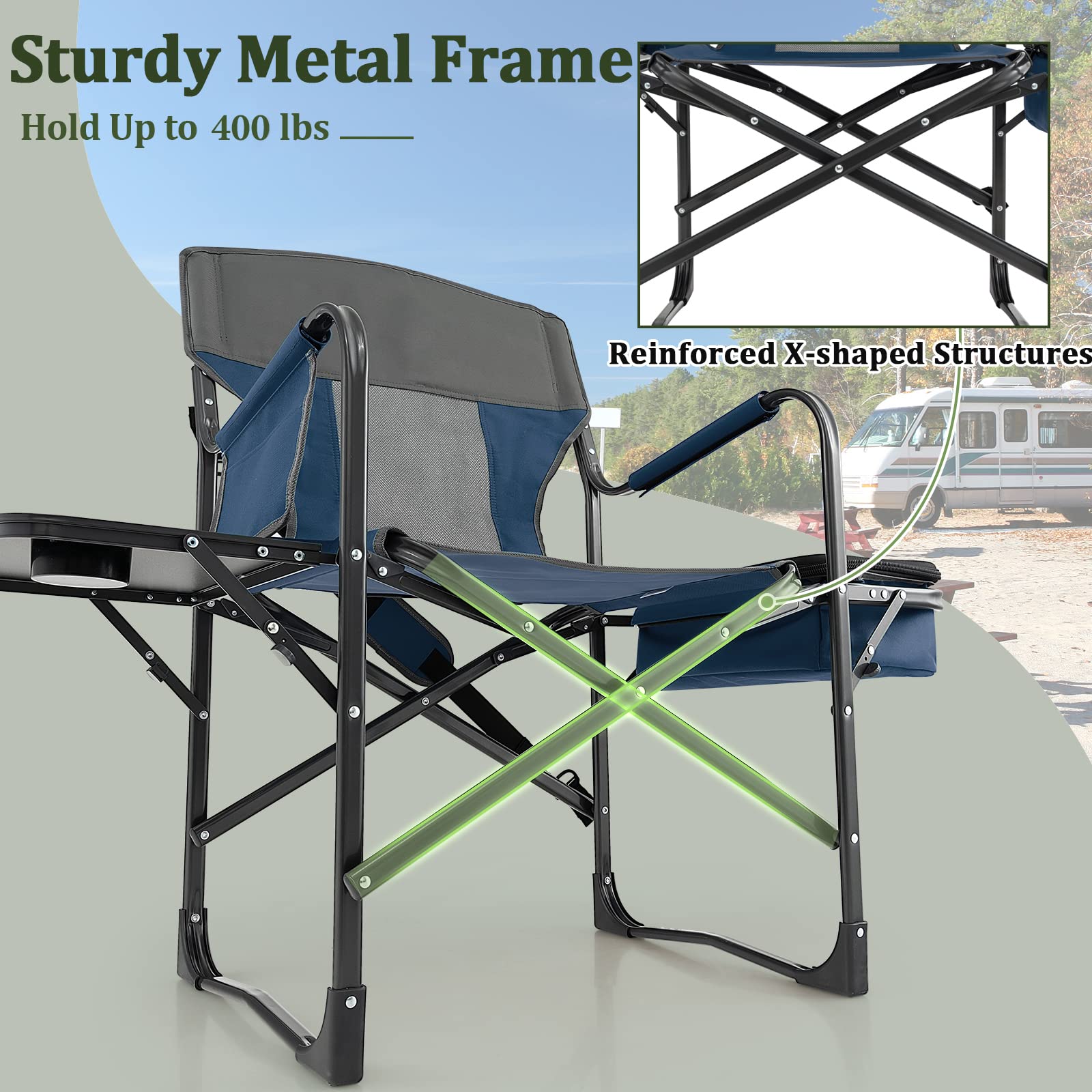 Giantex Heavy Duty Folding Camping Chair with Side Table & Cooler Bag - Portable Director Chair for Outdoor, Fishing, Picnic, Makeup & Artist Use - Supports 400 lbs - Blue