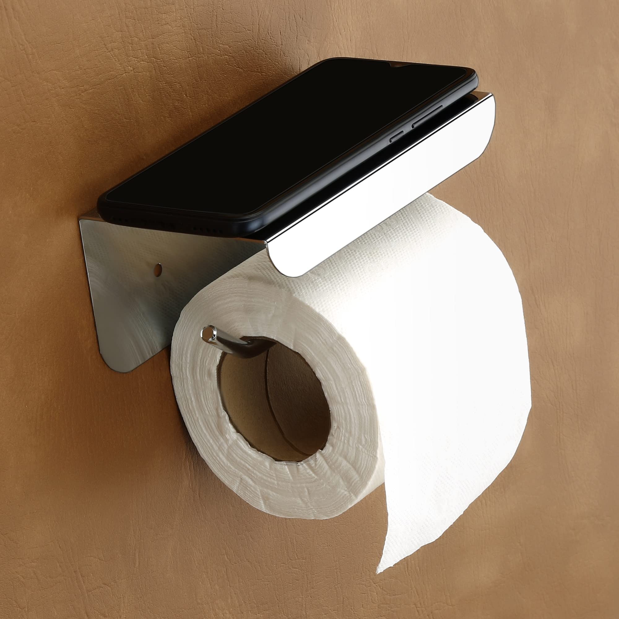SmartSlide Stainless Steel Toilet Paper Holder with Phone Stand - Wall Mounted Bathroom Tissue Roll Holder with Shelf - Nickel Chrome Bathroom Accessories for Modern Homes (Perfect for Small Bathrooms & Powder Rooms)