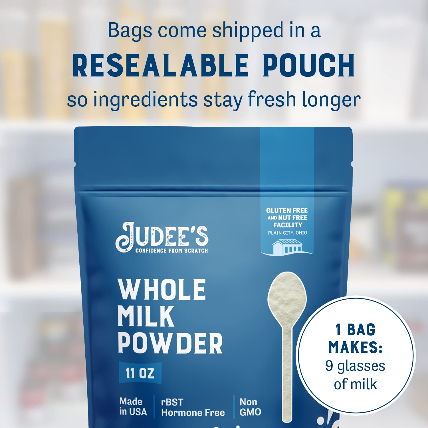Judee's Gluten Free Pure Whole Milk Powder - Non-GMO, Hormone Free, rBST Free, Nut Free - USA Made Shelf Stable Powdered Milk (11oz) for Baking, Cooking, Coffee & Emergency Food Storage - Perfect for Camping, Travel & Pantry Essentials