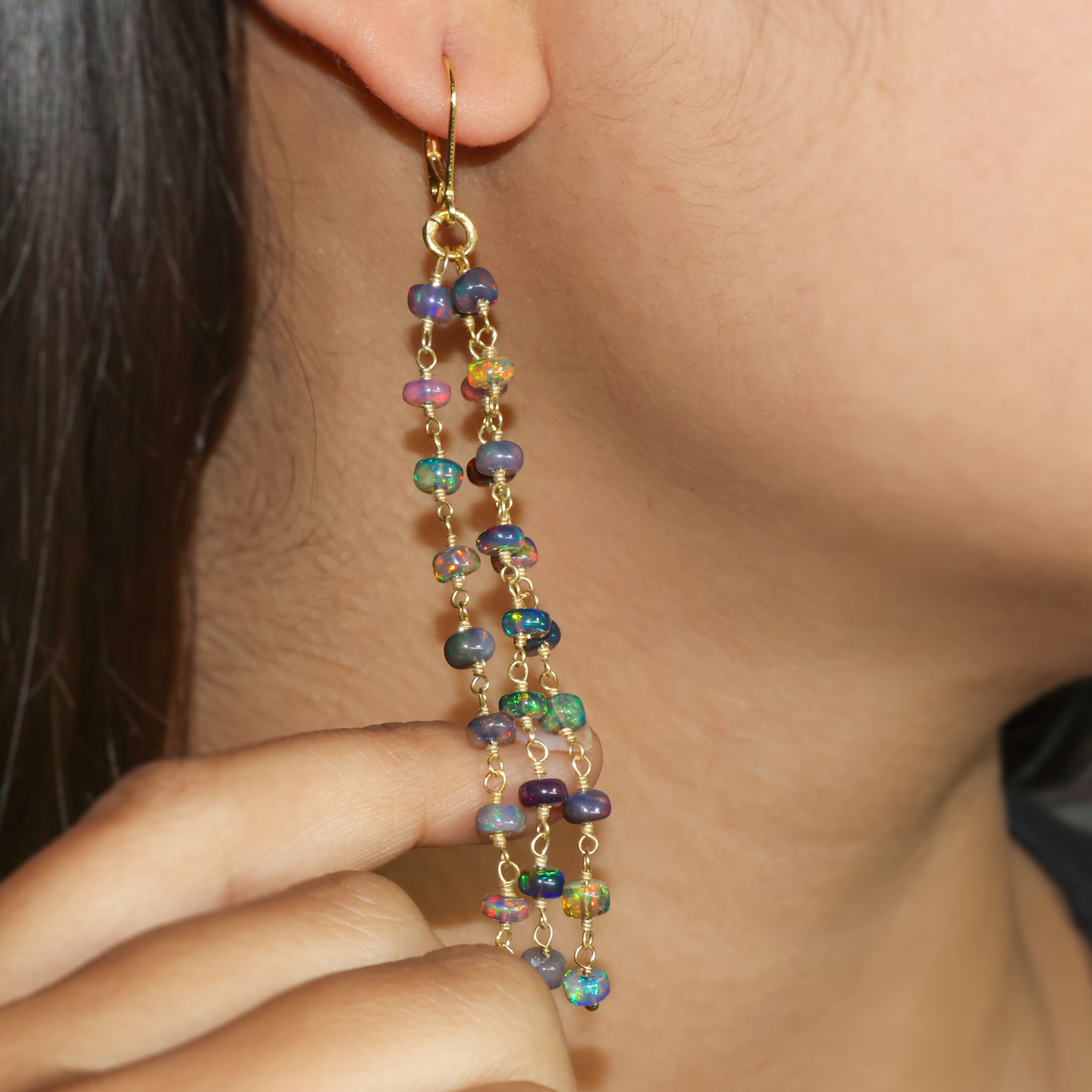 Natural Black Opal 3 Line Dangle Drop Handmade Earrings for Women | Genuine Opal Jewelry | Elegant Boho Chic Accessories for Parties, Weddings & Special Occasions