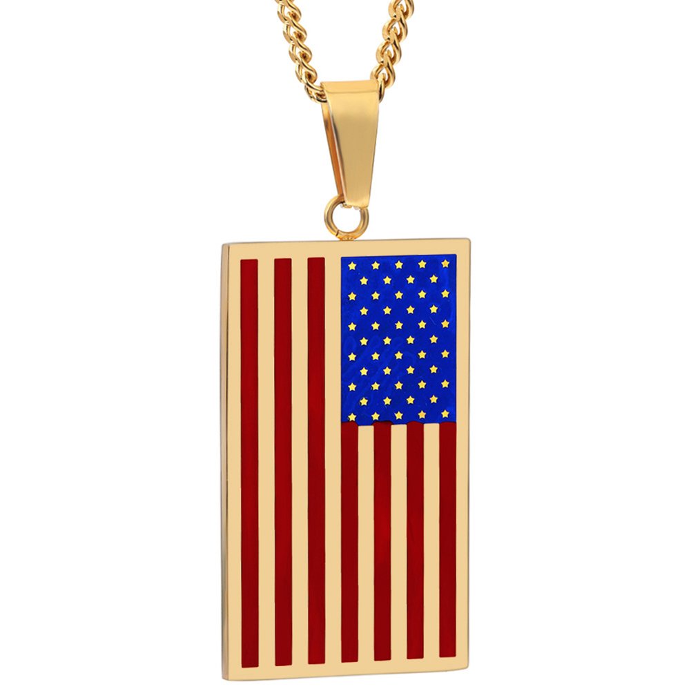 USA Flag Dog Tag Necklace - Patriotic Stars & Stripes Pendant with 24