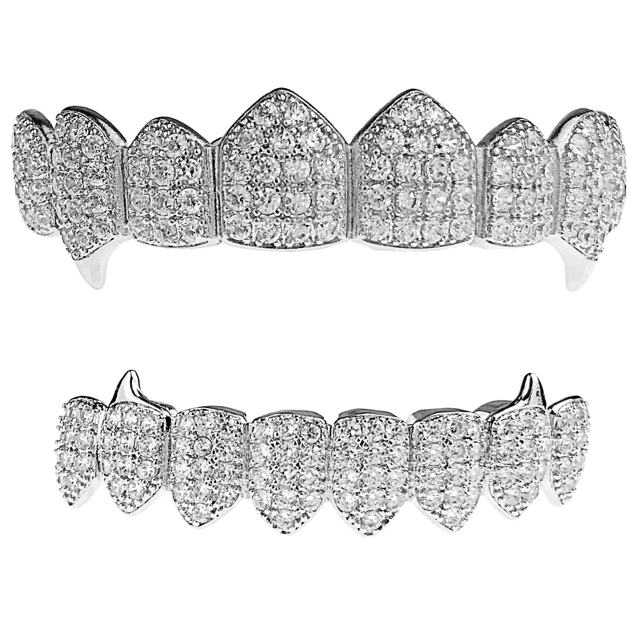 Vampire Fangs CZ Grillz Set - Silver Tone 8 Top & 8 Bottom Teeth Iced Bling Grills for Halloween Costume & Hip Hop Fashion Accessories