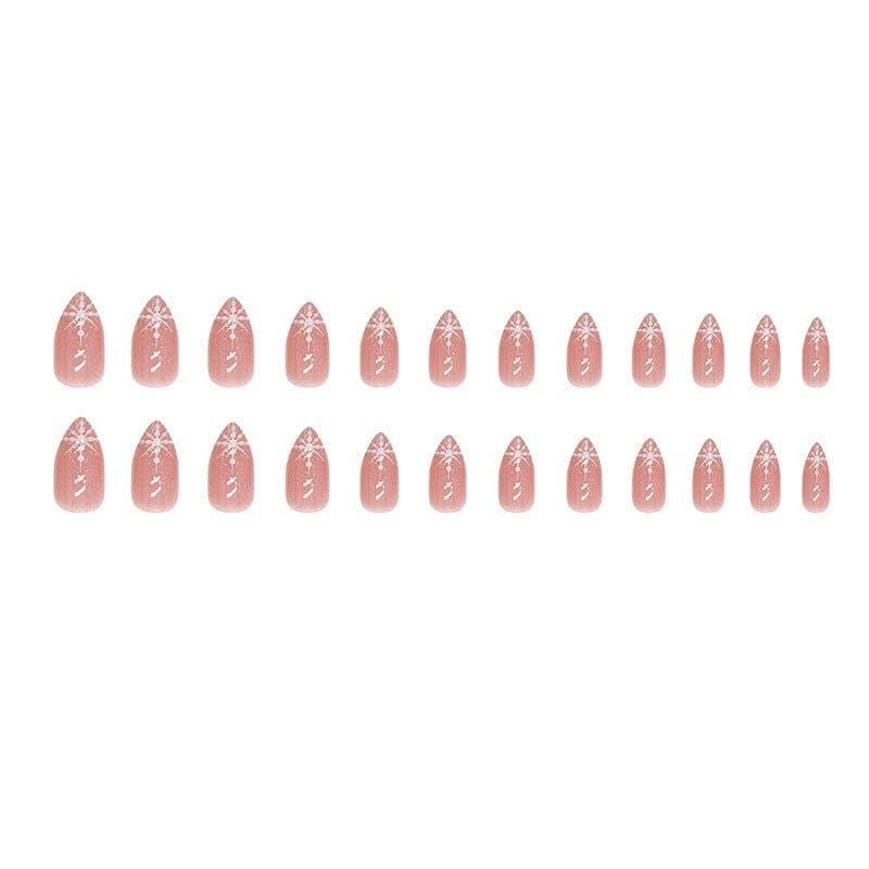 CherryBox 24-Piece Glitter Press on Nails - Long Pointed Snowflake Design with Shiny Pink Sparkles (Includes Nail Glue & Stickers) - Perfect for Christmas Parties, Weddings & Special Occasions