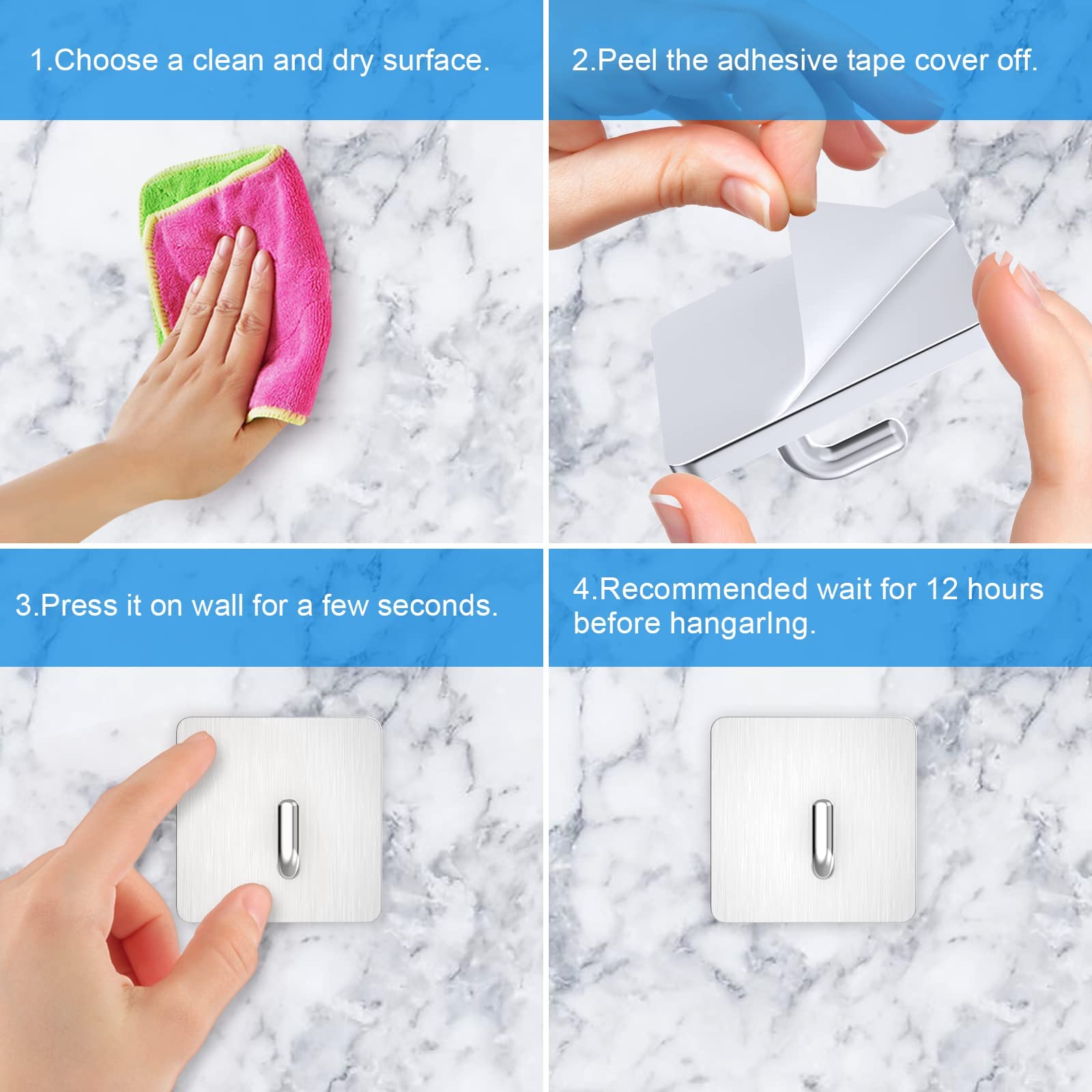 Stainless Steel Adhesive Hooks - 4 Pack Waterproof Wall Hooks for Towels, Hats & Coats - Perfect for Bathroom, Kitchen & Entryway Organization