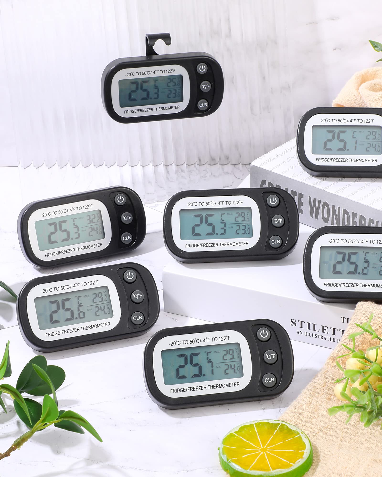 Frienda 12 Pack Digital Fridge Thermometer - Waterproof Refrigerator & Freezer Thermometer with Max/Min Record Function, LCD Screen, Hook & Magnetic Back - Ideal for Home Kitchen, Grocery Stores & Food Safety Monitoring (Black)