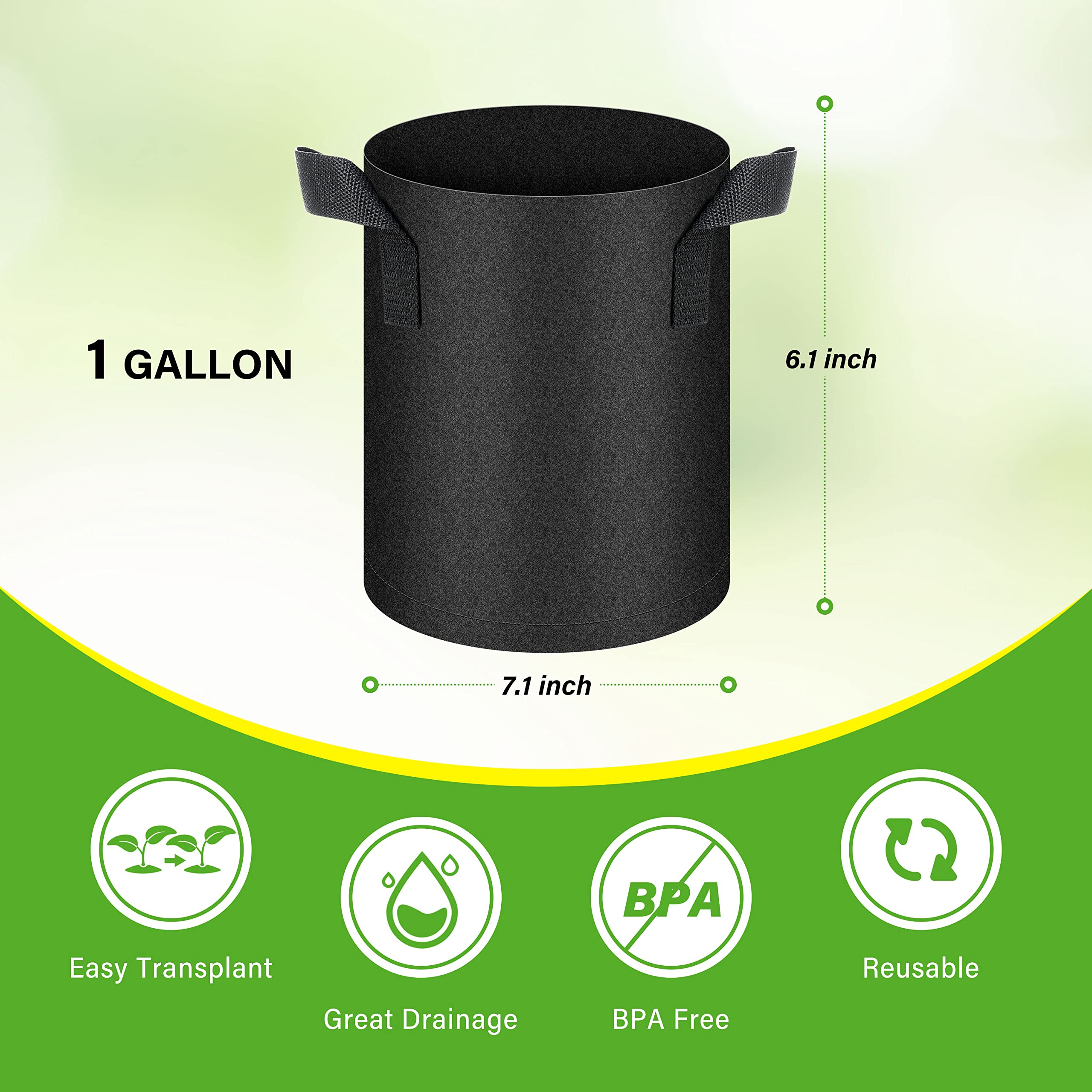HealSmart 6-Pack 1 Gallon Nonwoven Grow Bags with Handles - Breathable Fabric Plant Pots for Vegetables, Fruits, Flowers & Herbs - Ideal for Indoor/Outdoor Gardening, Balcony & Container Planting