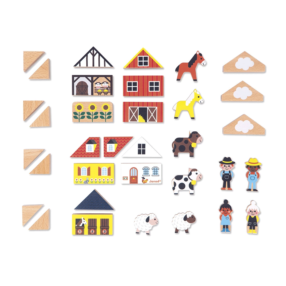 Janod Countryside Cross Roads Wooden Block Set - 34-Piece Educational Building Toy for Kids | Perfect for Creative Play, Learning Shapes & Imaginative Scenes