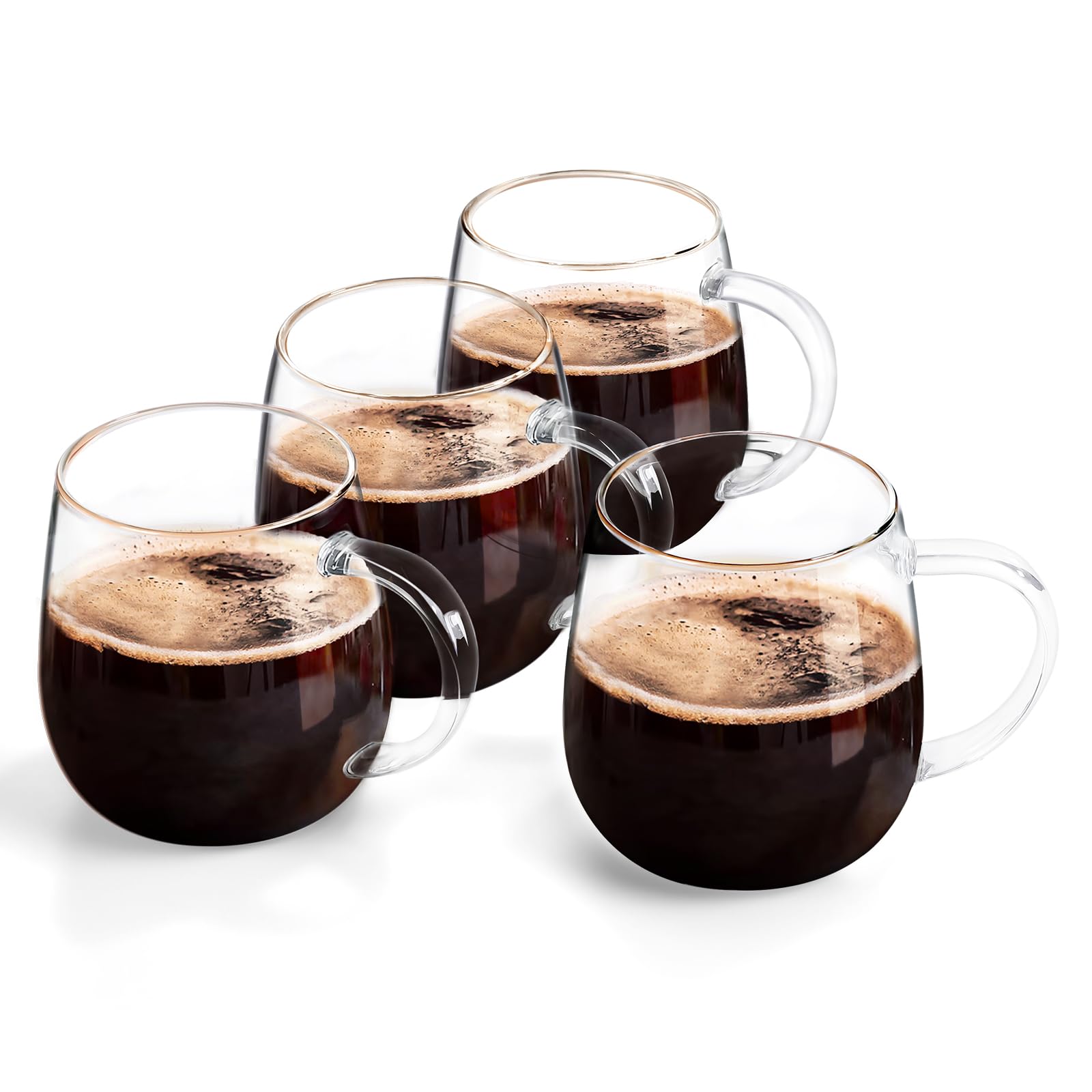 Premium 16oz Borosilicate Glass Coffee Mugs Set of 4 - Clear Heat-Resistant Cups with Handles for Hot/Cold Beverages - Perfect for Home, Office, Gifts & Coffee Shops