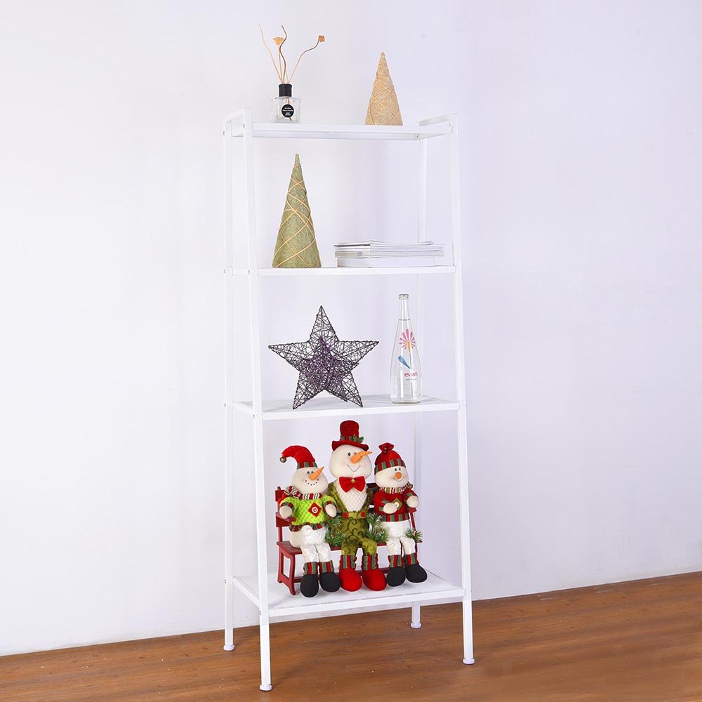 4-Tier Metal Ladder Shelf - Wire Mesh Bookshelf for Office, Living Room, Balcony & Bedroom - Space-Saving Storage Solution in Ivory White - Perfect for Small Spaces & Home Organization