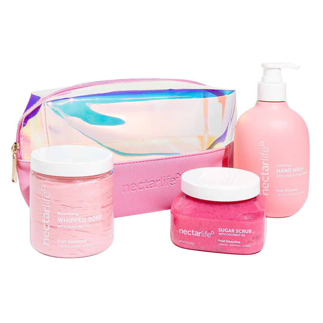 Daily Glow Kit - Vegan Body Skin Care Set with Moisturizing Whipped Soap, Exfoliating Sugar Scrub & Softening Pumice Hand Wash (Fruit Smoothie Scent) - Perfect for Spa Day, Self Care Routine & Gift Giving
