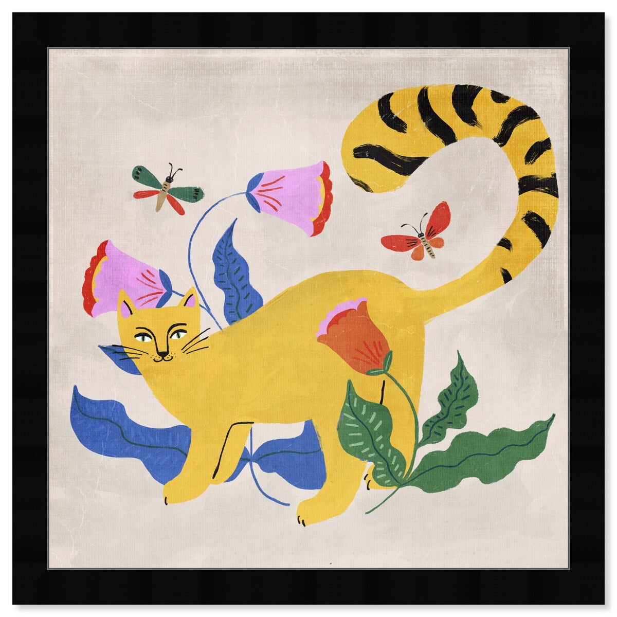 Blonde Tabby Floral Kitten Butterfly Garden Modern Yellow Framed Wall Art Print - Perfect for Bedroom, Nursery & Home Decor