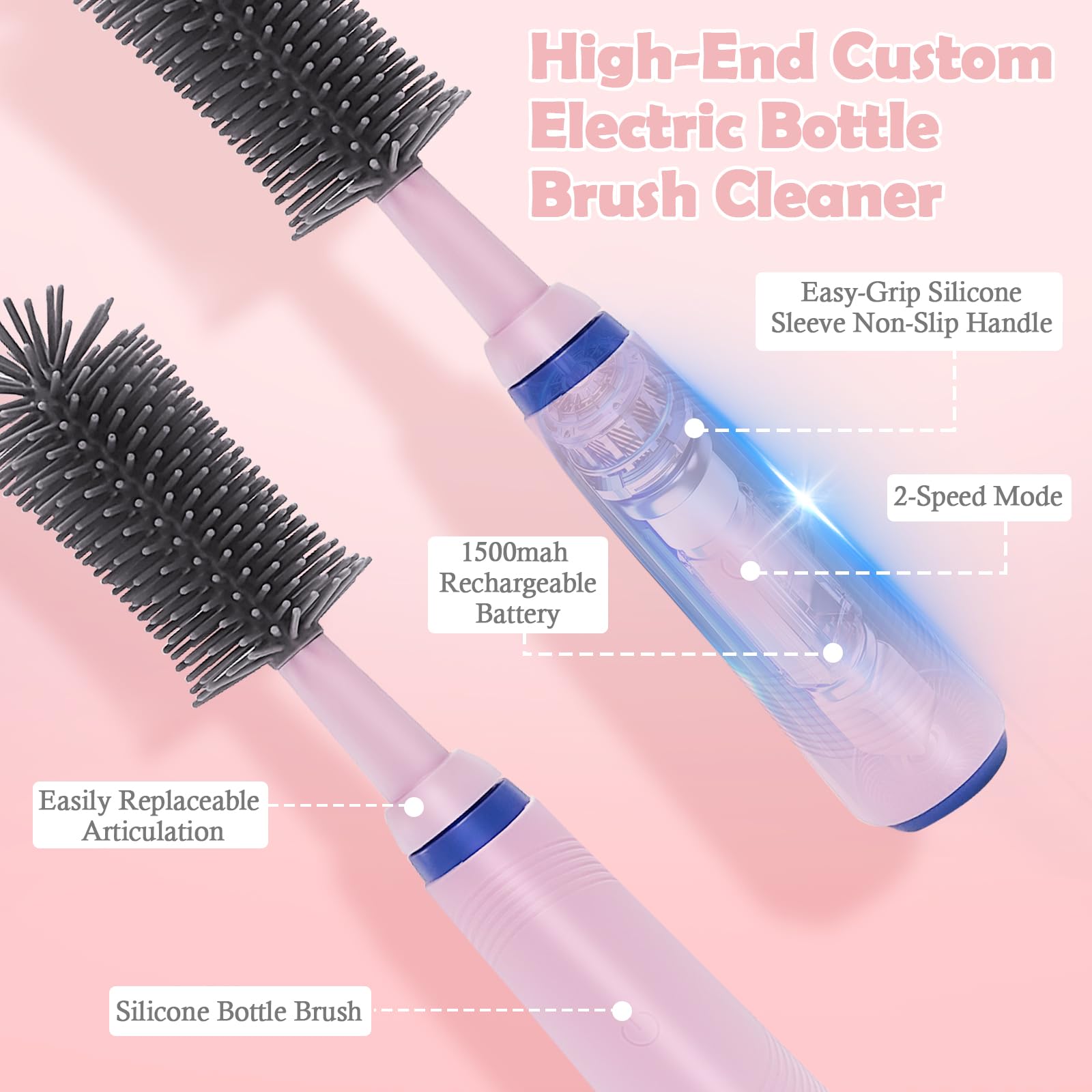Electric Bottle Brush Set with Extendable Handle - for Water Bottles, Nipples & Straws - Home & Travel Use