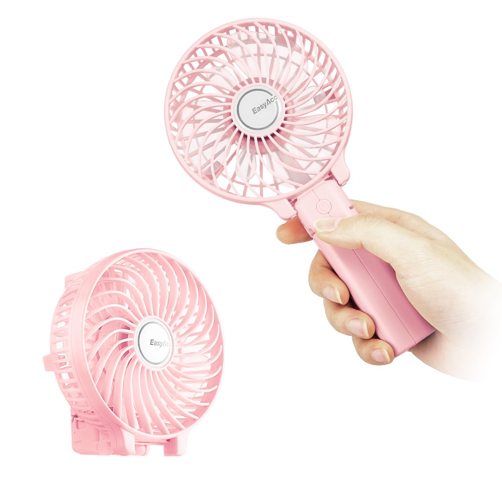 EasyAcc Mini Handheld Fan - Portable USB Rechargeable Personal Cooling Fan for Travel, Camping, Office & Home Use | Folding Design, Quiet Operation | Perfect for Outdoor Activities, Work Desks & Bedside Use - Pink