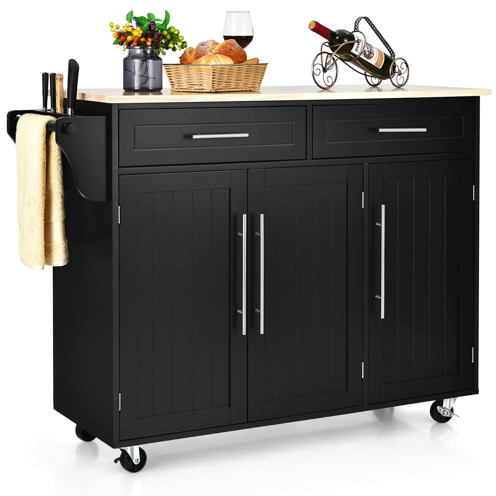 Giantex Kitchen Island Cart with Wheels - Rolling Trolley with Lockable Casters, 2 Large Drawers & 3-Door Storage Cabinet, Includes Towel Handle & Knife Block - Perfect for Kitchen, Dining Room, Home Bar & Small Space Organization