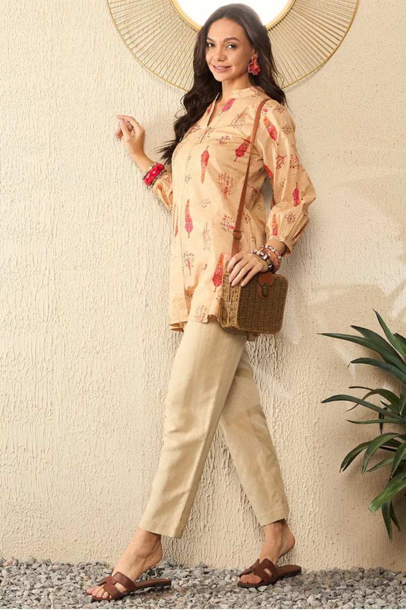 Beige Cotton Blend Floral Printed Regular Top for Women | Casual Summer Tops | Perfect for Outings, Dates & Office Wear