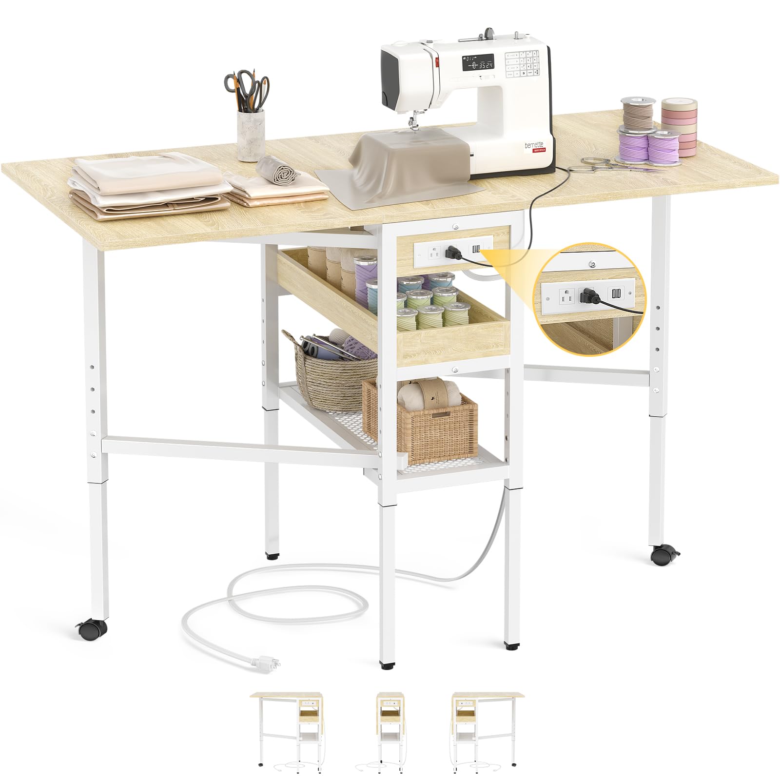 Adjustable Height Folding Sewing Table with USB Charging Station & Storage - 50
