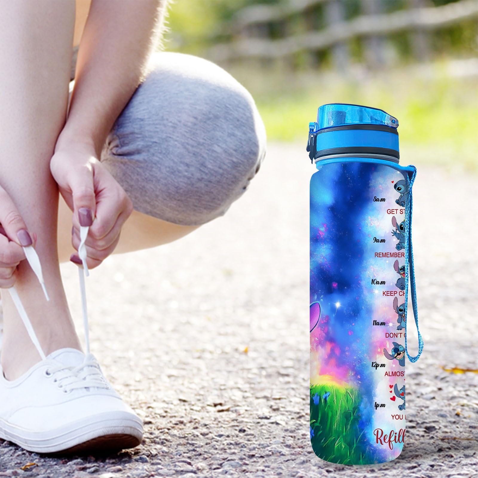 Blue Alien 32 Oz Insulated Water Bottle with Time Marker - Motivational Gift for Cartoon Lovers - Leakproof Stainless Steel Sports Bottle for Gym, Hiking & Outdoor Activities