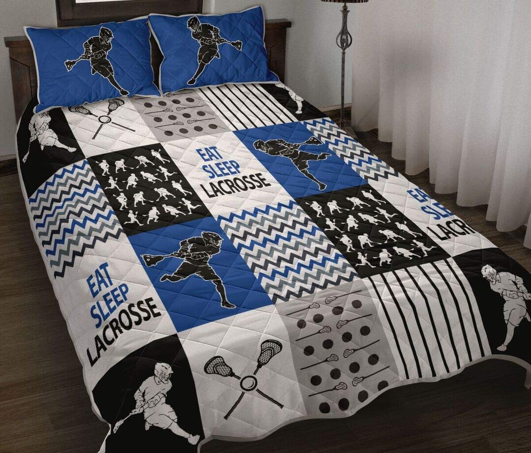 Eat Sleep Play Lacrosse Quilt - Blue Lacrosse Bedding Set for King/Queen/Twin Size - Soft Throw Blanket & Wall Hanging Decor - Perfect Gift for Birthday, Mother's Day & Lacrosse Fans - Ideal for Bedroom, Dorm Room & Sports Themed Decor