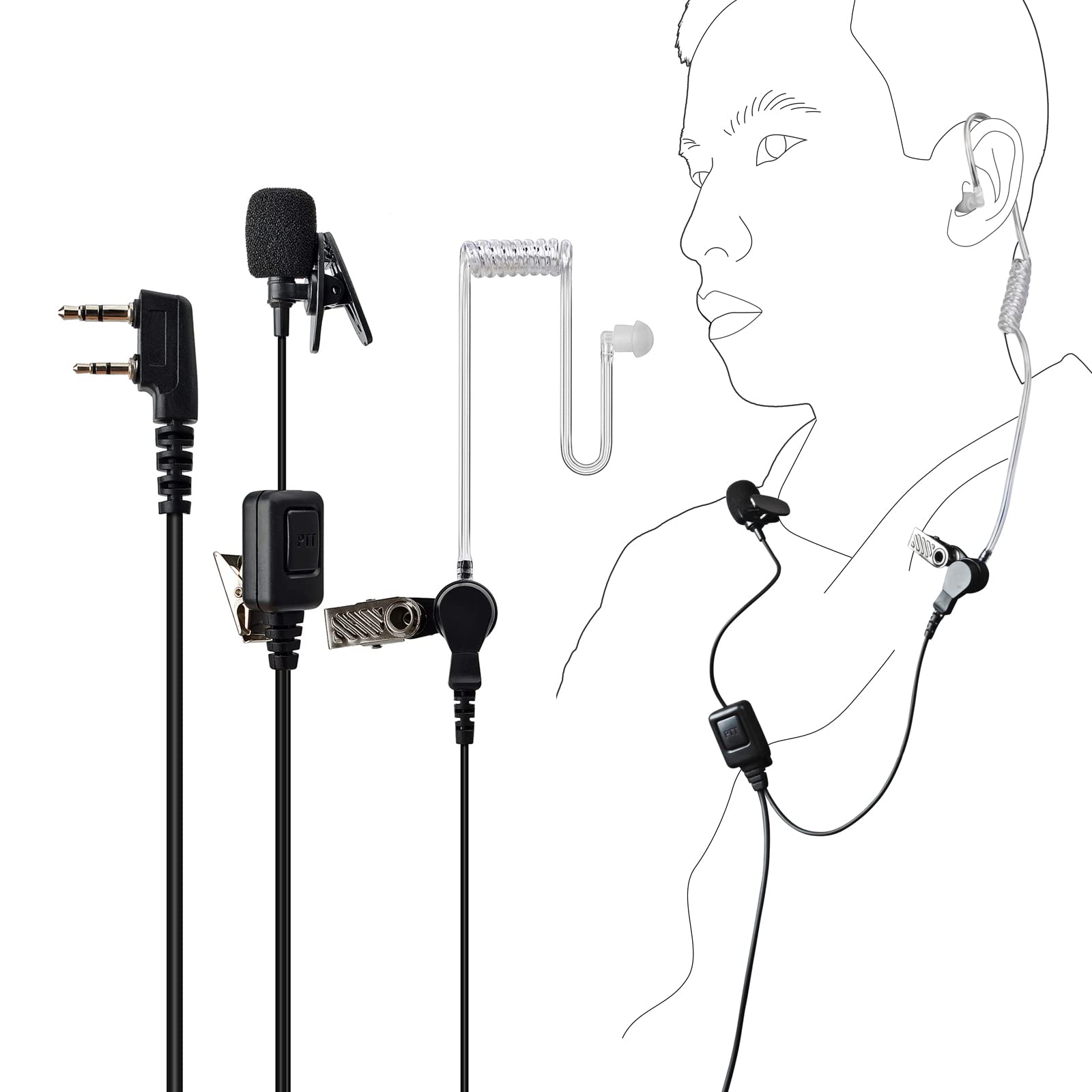 HYSHIKRA Walkie Talkie Earpiece Headset - Compatible with Kenwood, eSnic, Retevis, Baofeng UV-5R Radios - Includes Mic, PTT Button & Wire with Clip - Security & Bodyguard Communication (2 Pack) - Ideal for Event Security, Construction Sites & Outdoor Adventures
