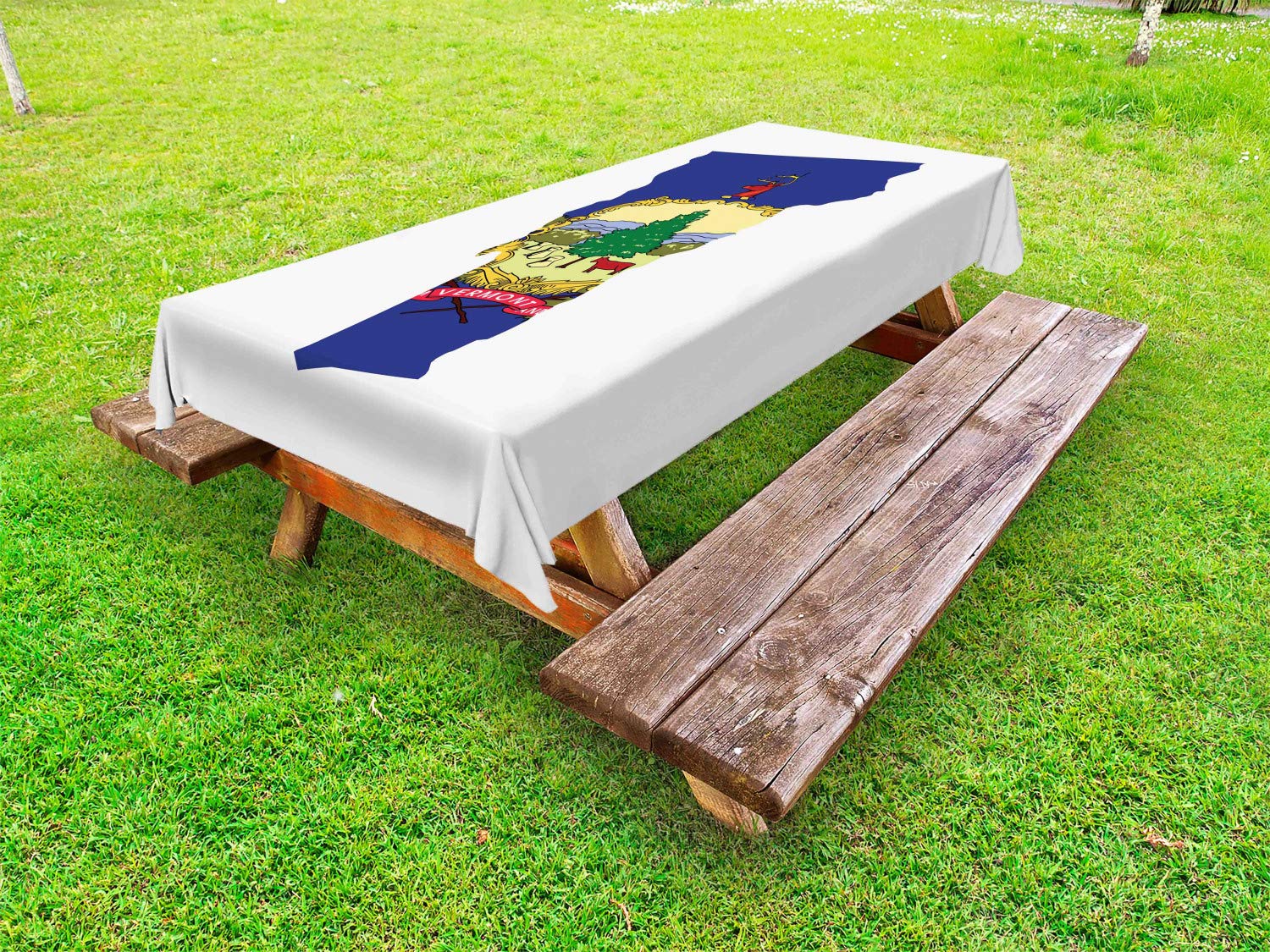 Vermont Outdoor Tablecloth - US State Map with Green Mountain Pine Tree & Waving Flag Design | Cow Freedom & Unity Theme | Washable Picnic Table Cover 58x120 Inches | Perfect for Backyard BBQs, Camping & Patriotic Parties