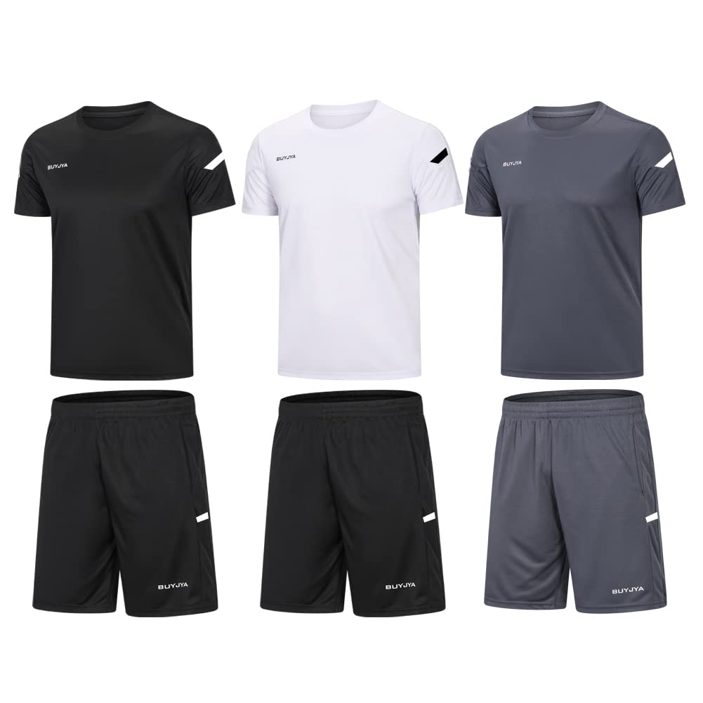 BUYJYA Men's Workout Clothes - 3 Pack Athletic Shorts & Shirt Set for Basketball, Football, Running & Gym Training | Breathable & Comfortable Sportswear | Perfect Christmas Gift for Athletes & Fitness Enthusiasts