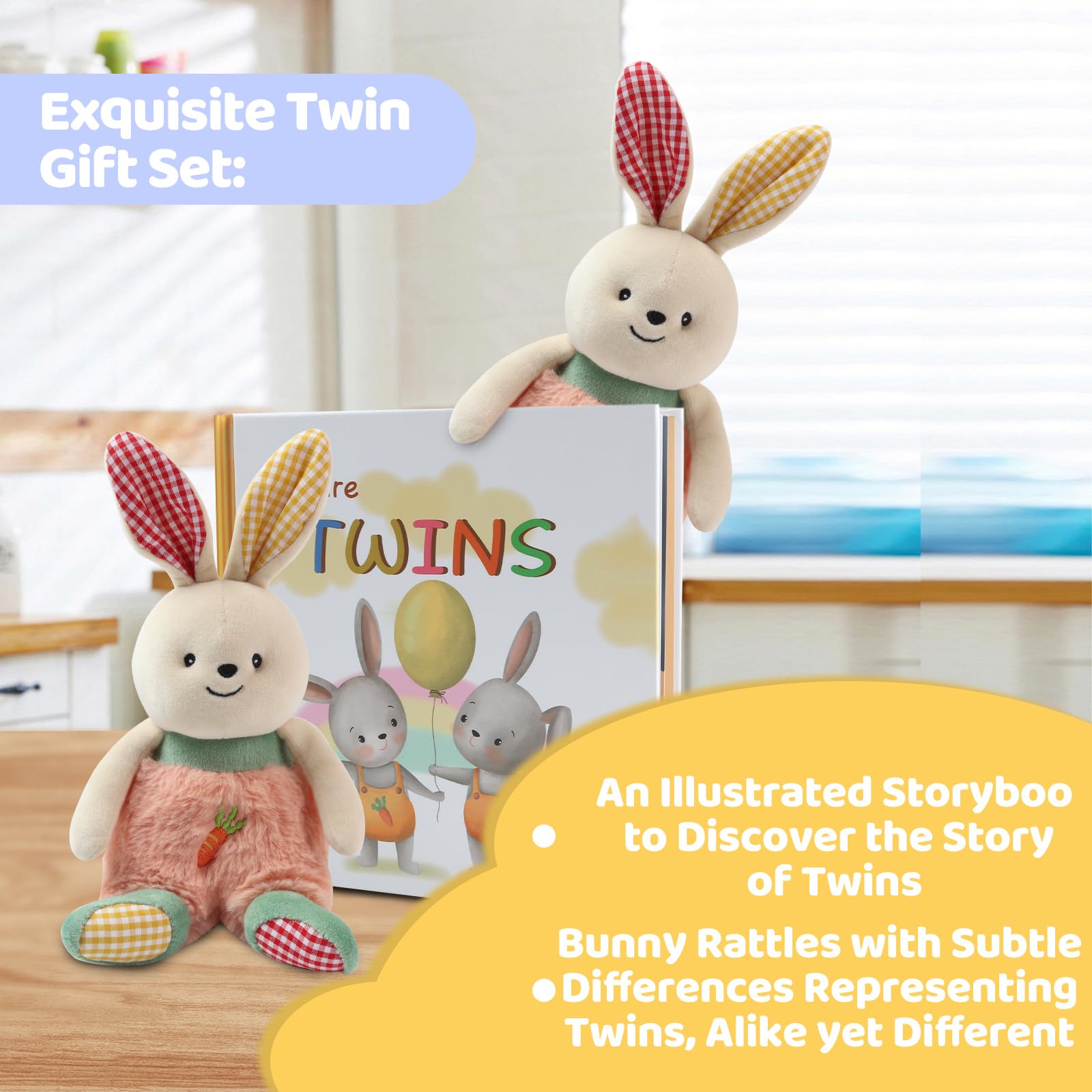 Twins Baby Gift Set for Girls and Boys - 2-Piece Plush Rabbit & Storybook | Perfect for Newborn Twin Gifts, Baby Showers, and Sibling Bonding