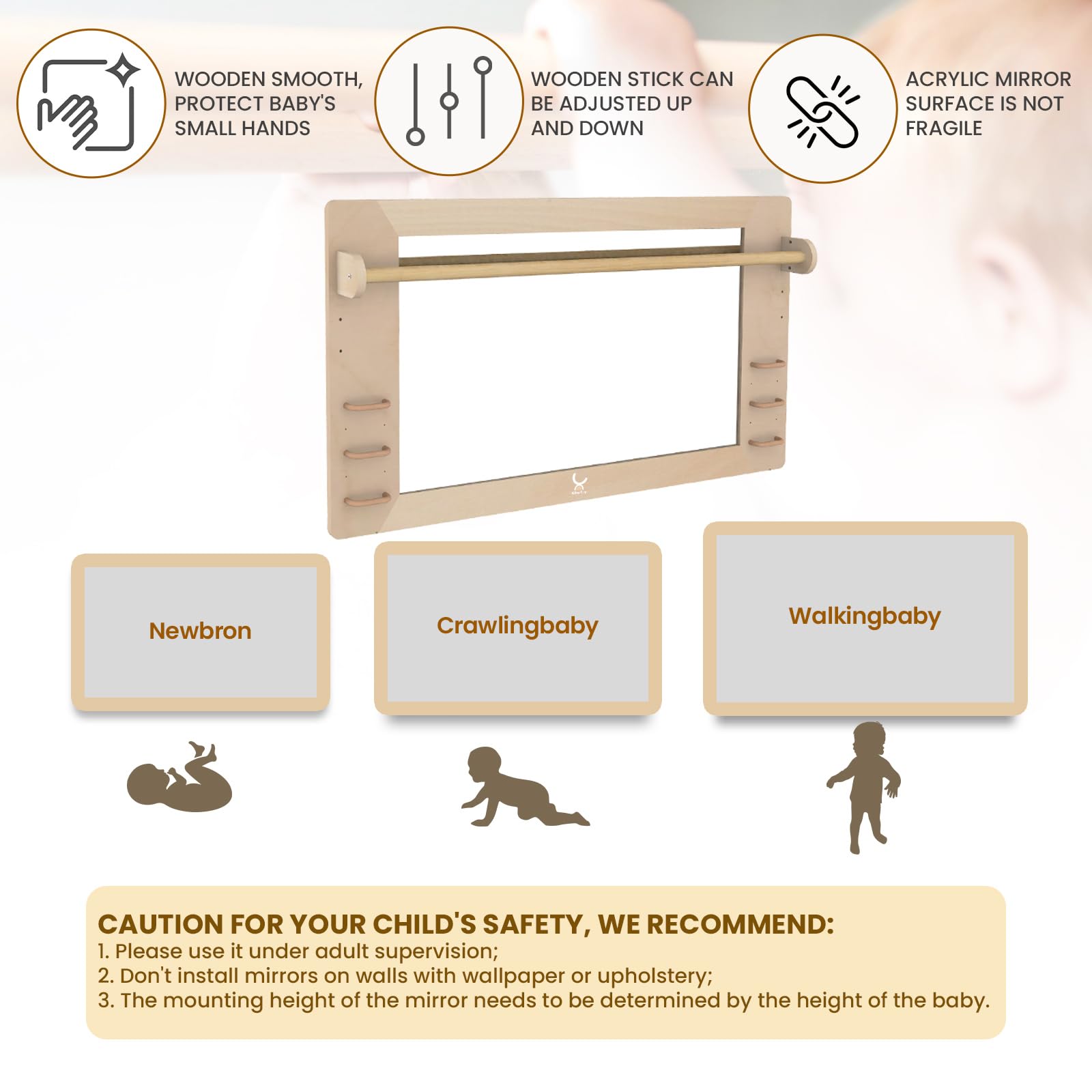 Montessori Wooden Mirror for Toddlers - Shatterproof Acrylic Safety Mirror with Handle - Early Learning & Walking Aid - XH-MTM-2 - Perfect for Nursery, Playroom & Montessori Classroom Activities