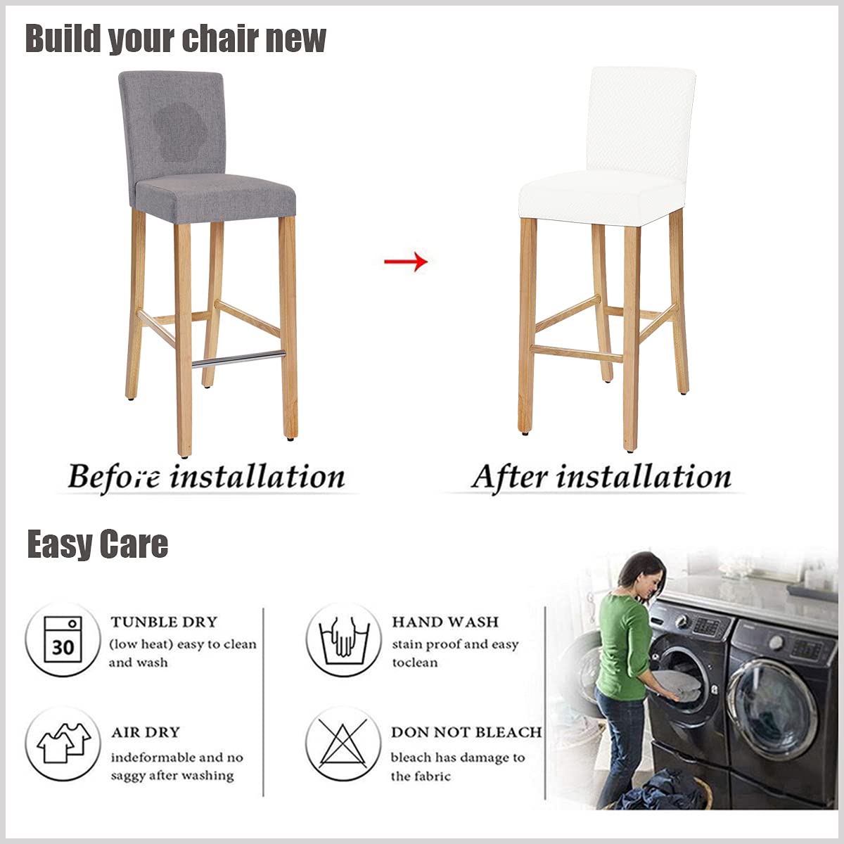 Stretch Waterproof Jacquard Bar Stool Covers - Set of 2, Removable Washable Dining Chair Slipcovers for Short Rotating Chairs (White) | Perfect for Home Bars, Kitchen Islands & Restaurant Seating