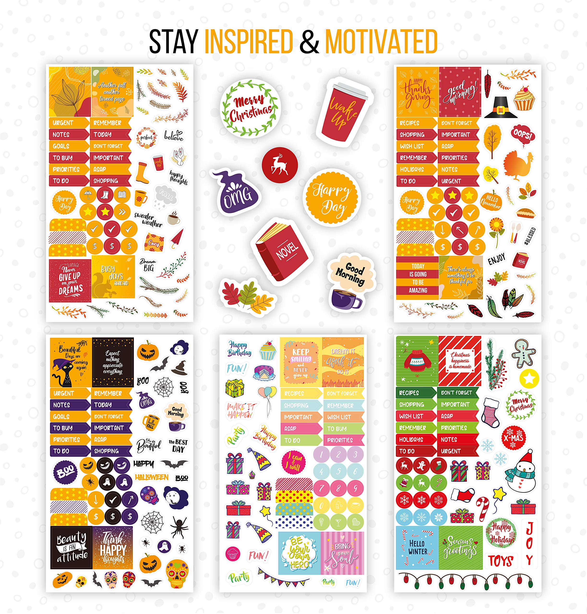 Aesthetic Planner Stickers - 718 Productivity, Seasonal & Holiday Stickers (13 Sheets) - Perfect for Bullet Journals, Calendars, Planners & DIY Scrapbooking - Great for Organizing, Gift Giving & Creative Planning