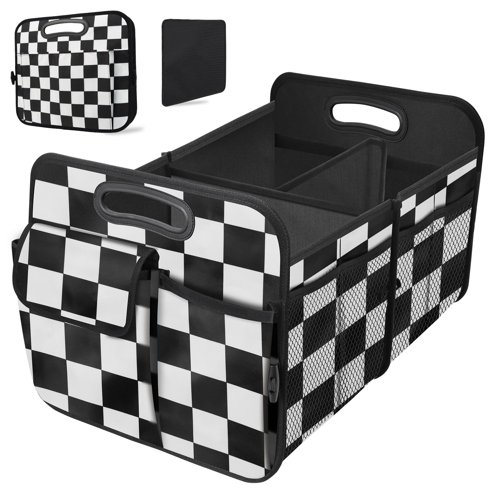Collapsible Trunk Organizer for Car - Multi-Compartment Storage Accessory for SUV, Sedan & Minivan | Black Plaid Design | Perfect for Travel, Groceries & Road Trips