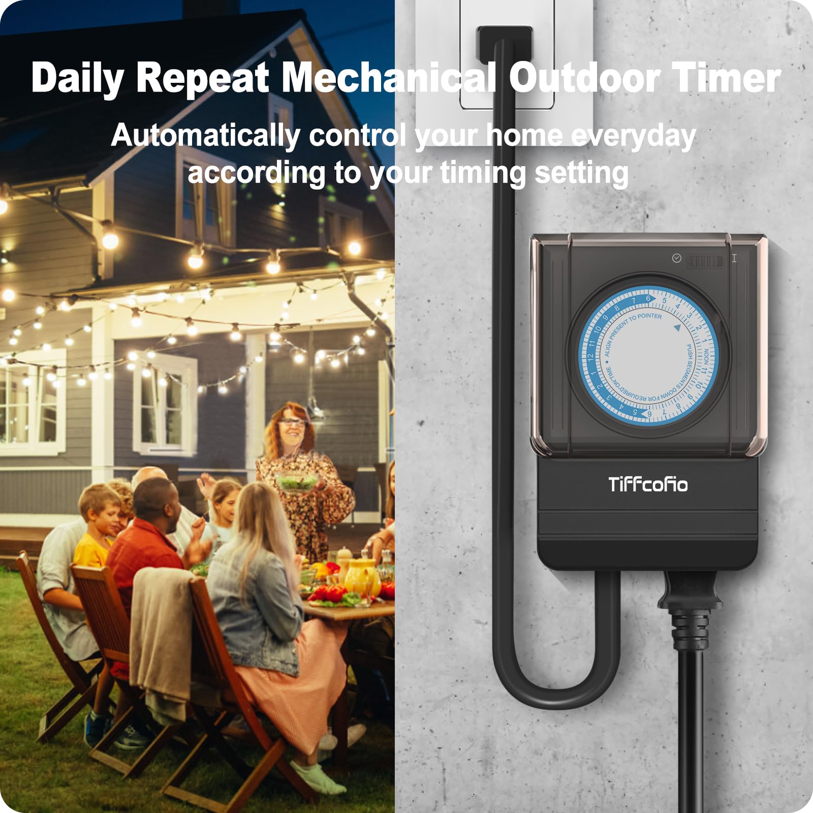 Heavy Duty Outdoor Mechanical Timer - Waterproof 24-Hour Pool Pump Timer with 15 Minute Intervals, 2FT Cord & Grounded Outlet (15A/1875W) - Perfect for Outdoor Lights, Pools, Sprinklers & Garden Irrigation Systems