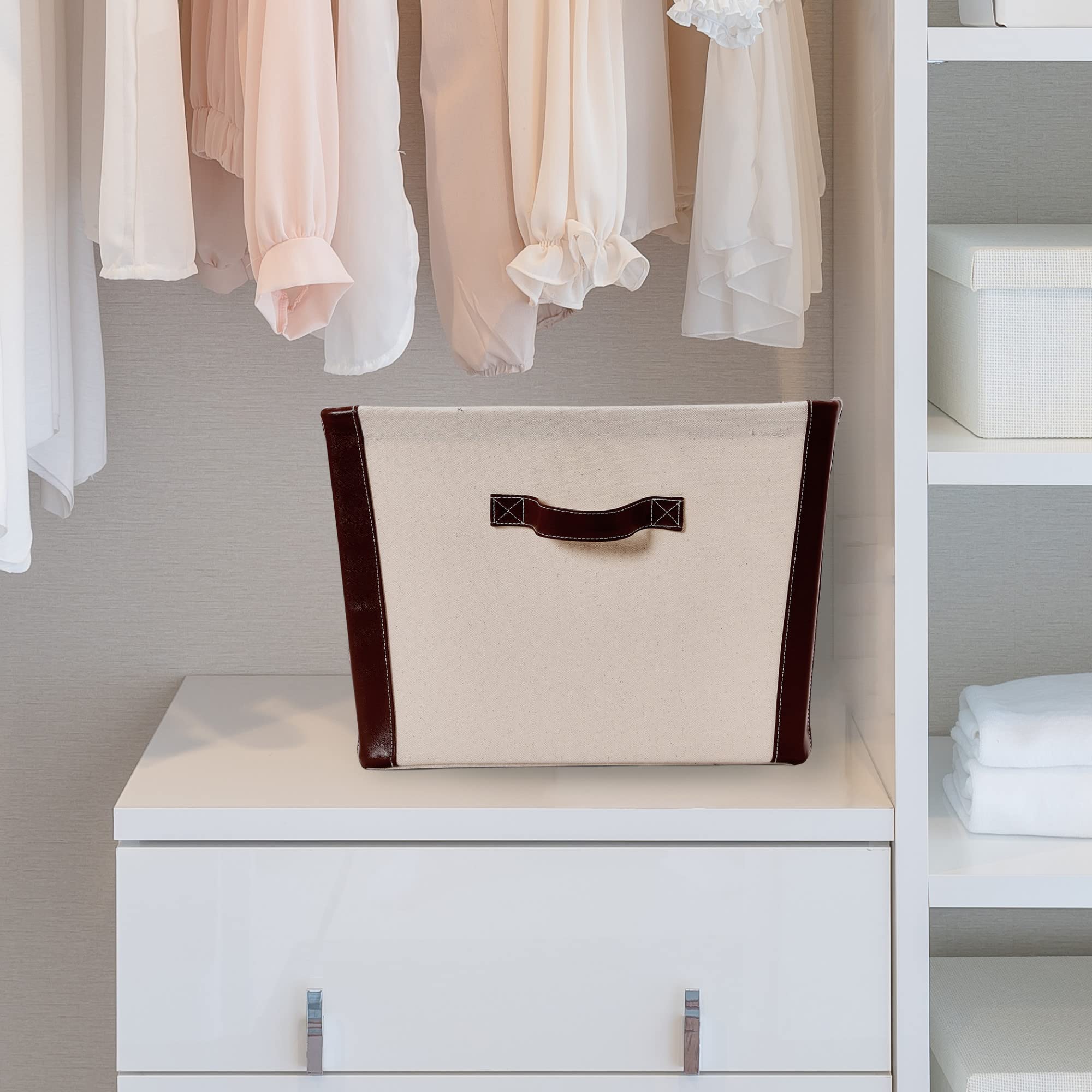 Eco-Friendly Canvas Storage Bin with Vegan Leather Trim - Perfect for Home Organization, Closet, Nursery & Office Storage